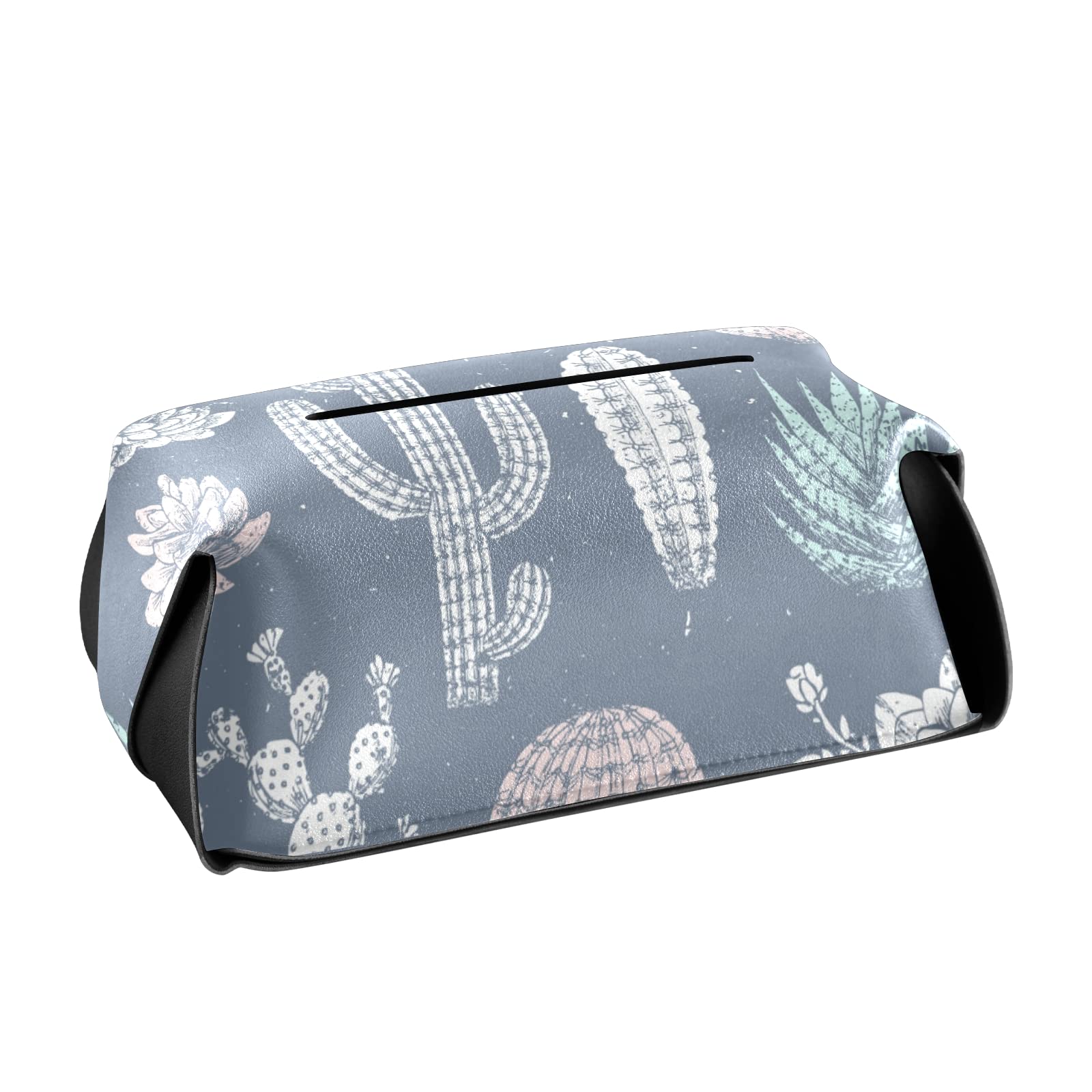 Vintage Cactus Leather Tissue Box Cover - Seamless Retro Succulent with Flowers Design, 9.4x5.1x3.6 Inch Square Home Decor for Bathroom, Nightstand, Vanity, Office Desk & Car