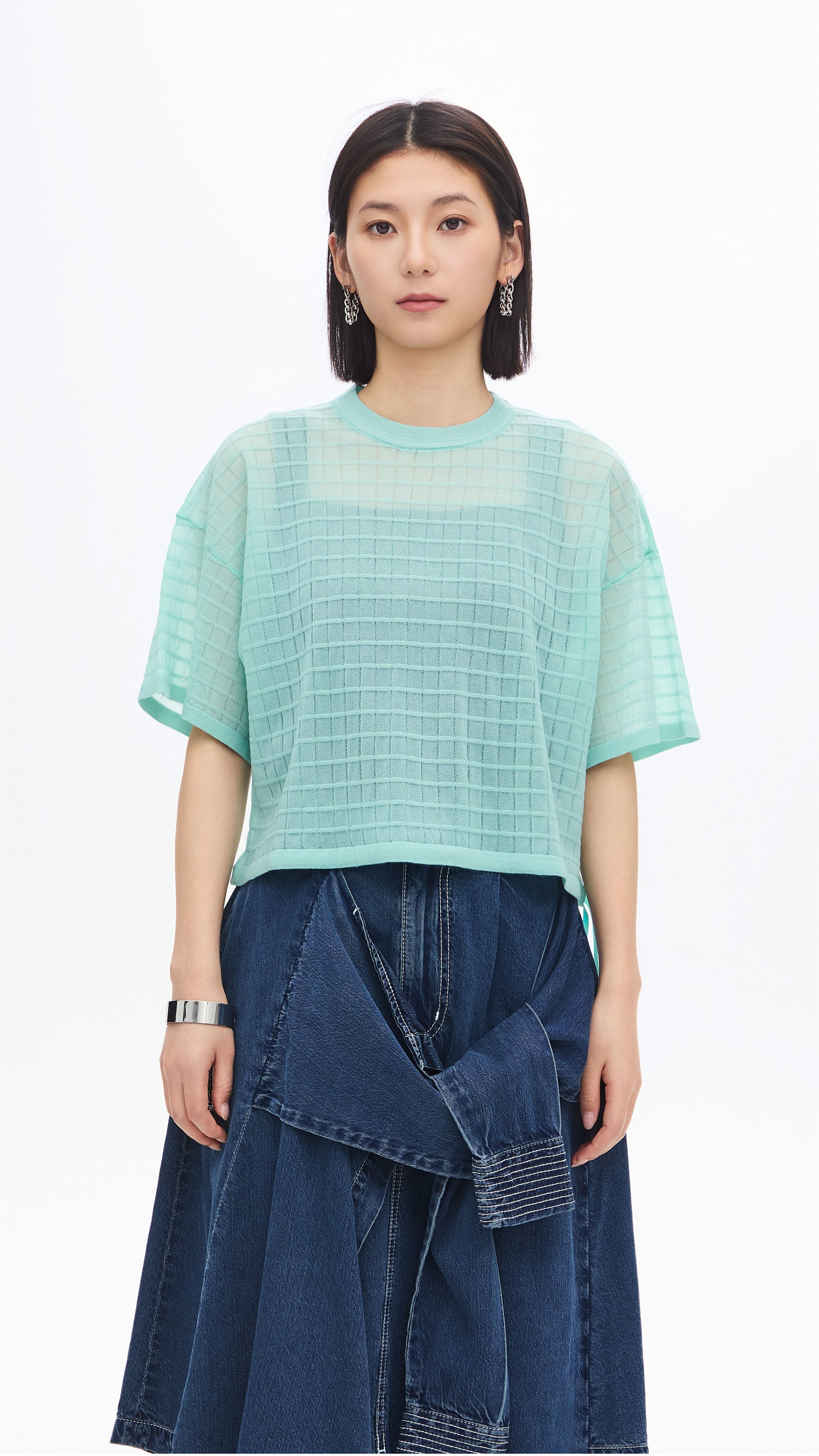 Sheer Checker Knit Top for Women - Trendy See-Through Loose Fit Blouse for Casual Outings & Layering