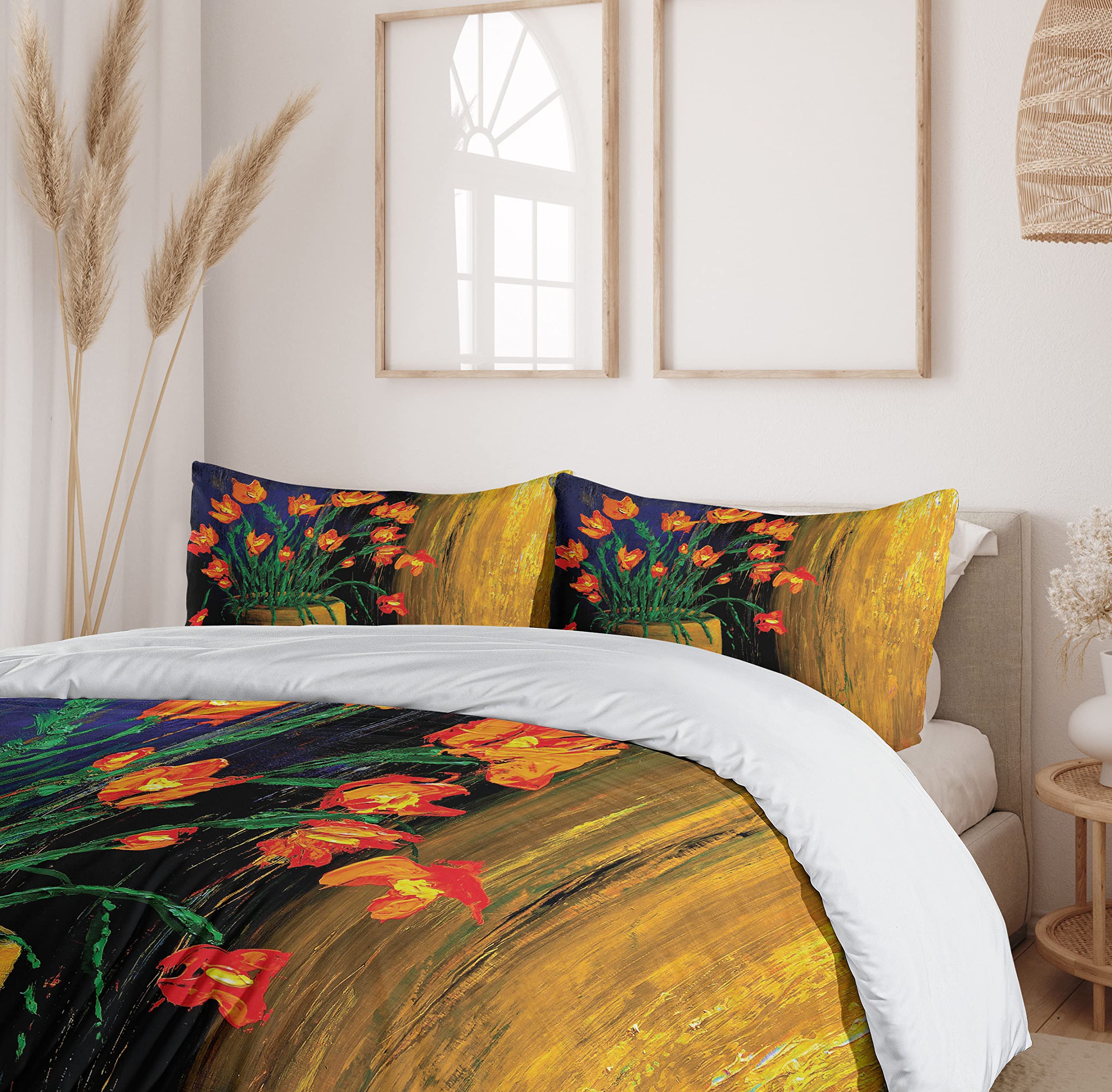 Ambesonne Floral Duvet Cover Set Queen Size - Oil Painting Botanical Vase Design Weathered Look - 3 Piece Bedding Set with 2 Pillow Shams - Vermilion Blue - Perfect for Bohemian Bedroom Decor & Guest Room Styling
