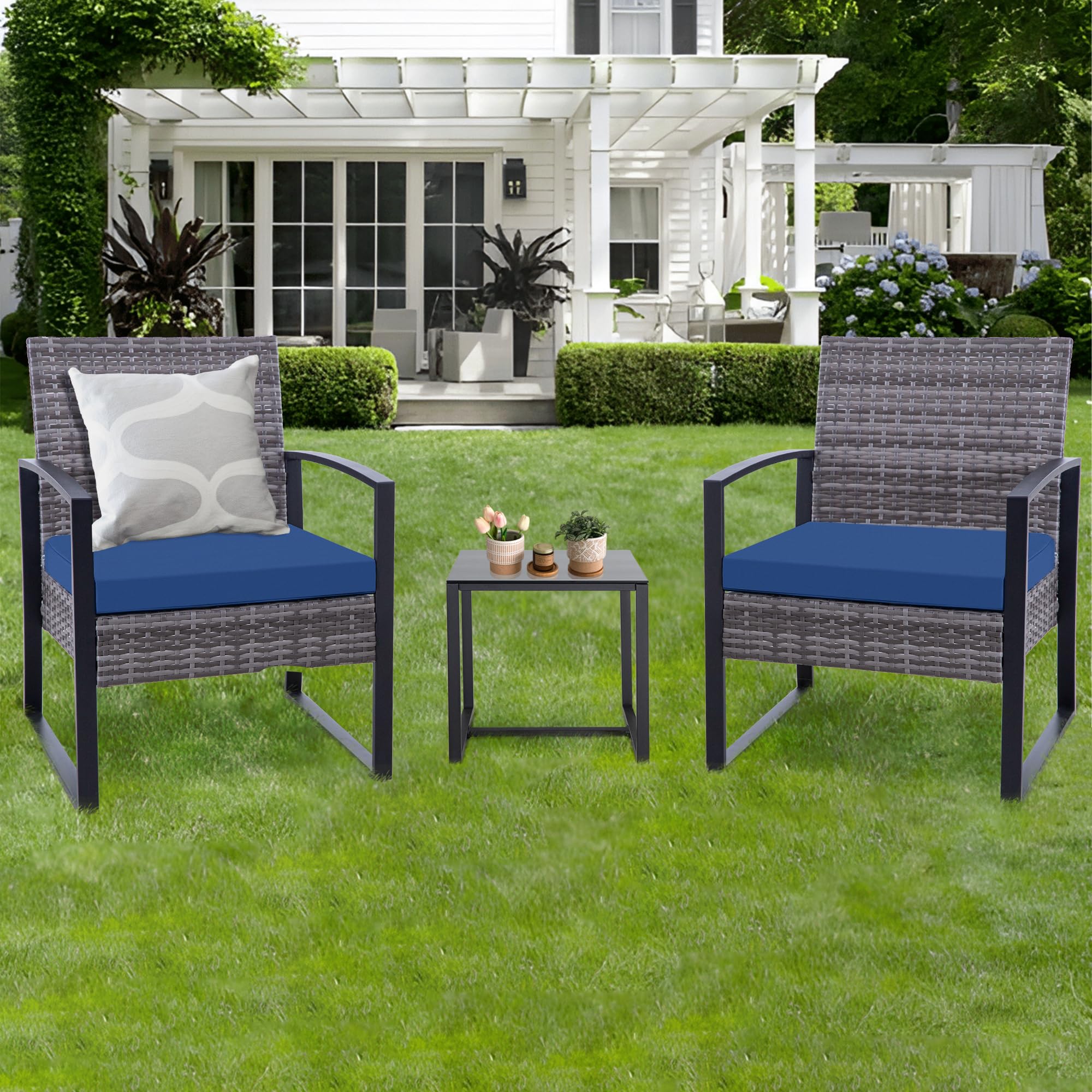 3-Piece Patio Furniture Set - Outdoor Wicker Bistro Set with 2 Chairs, 2 Cushions & Glass Coffee Table - Grey Wicker & Blue Cushions - Perfect for Garden, Balcony, Backyard, Porch, Lawn or Poolside Relaxation