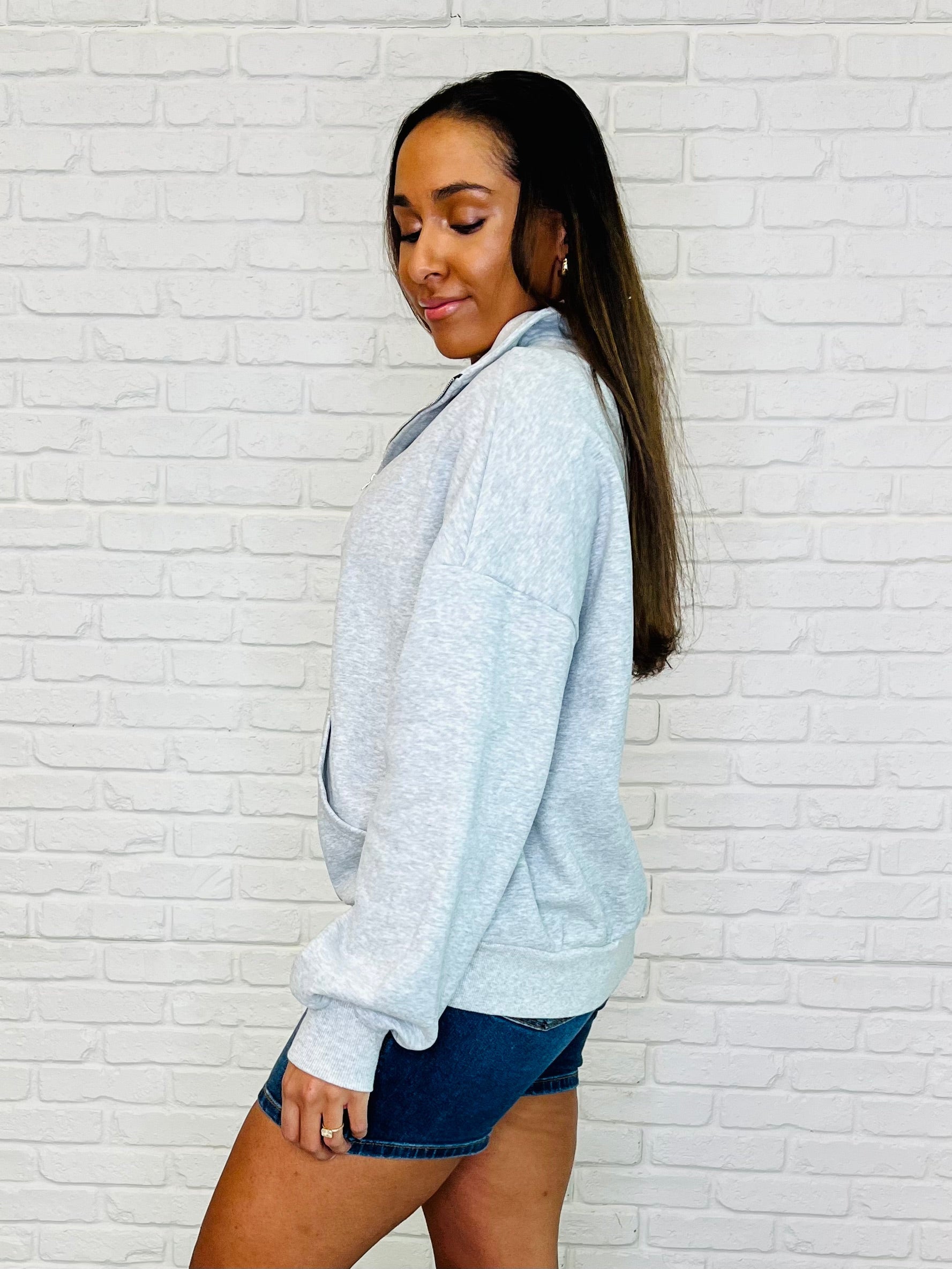 Bonbon Delight Grey Half Zip Pullover Sweatshirt | Women's Casual Fleece Top for Fall & Winter | Perfect for Workouts, Lounging & Outdoor Activities