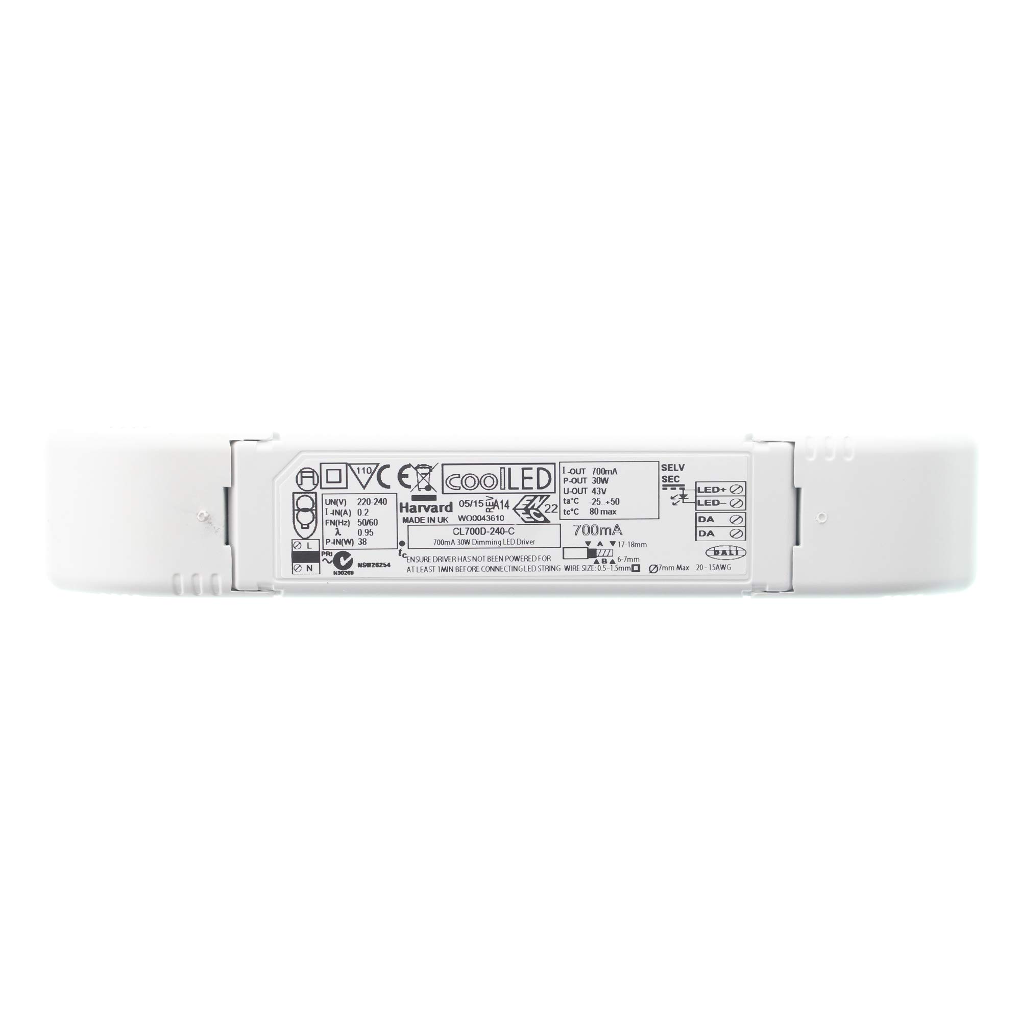 Harvard CL700D-240-C DALI Dimmable LED Driver 30W 700mA 43V DC - Perfect for Commercial Lighting, Architectural Projects & Smart Home Systems (220-240V Input)