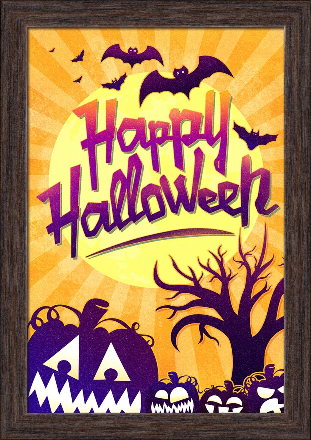 Happy Halloween Bats and Pumpkins Wall Art - 12x18 Inch Giclee Fine Art Print with Recycled Wood Frame in Espresso Brown - Perfect for Halloween Decor, Home Decor, and Seasonal Gifts