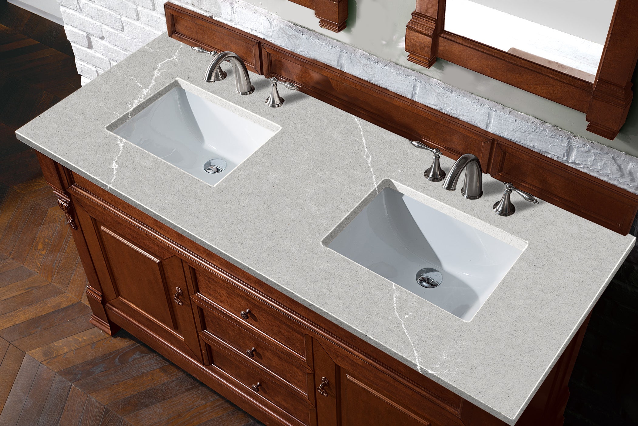 Brookfield 60-Inch Double Vanity with Warm Cherry Finish & 3CM Eternal Serena Quartz Top - Perfect for Master Bathroom & Luxury Home Renovation