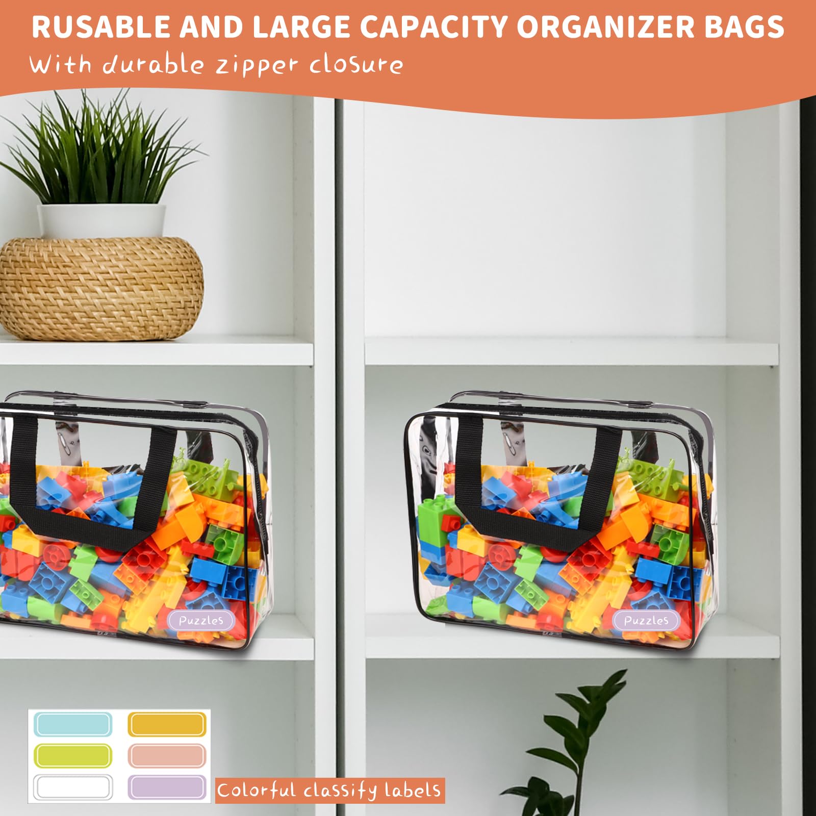 10 Pack Large Clear PVC Toy Storage Bags with Zipper & Labels - Waterproof Travel Organizer for Kids Toys, Building Blocks, Puzzles, Books - Perfect for Home Organization, Playroom Storage & Travel Packing