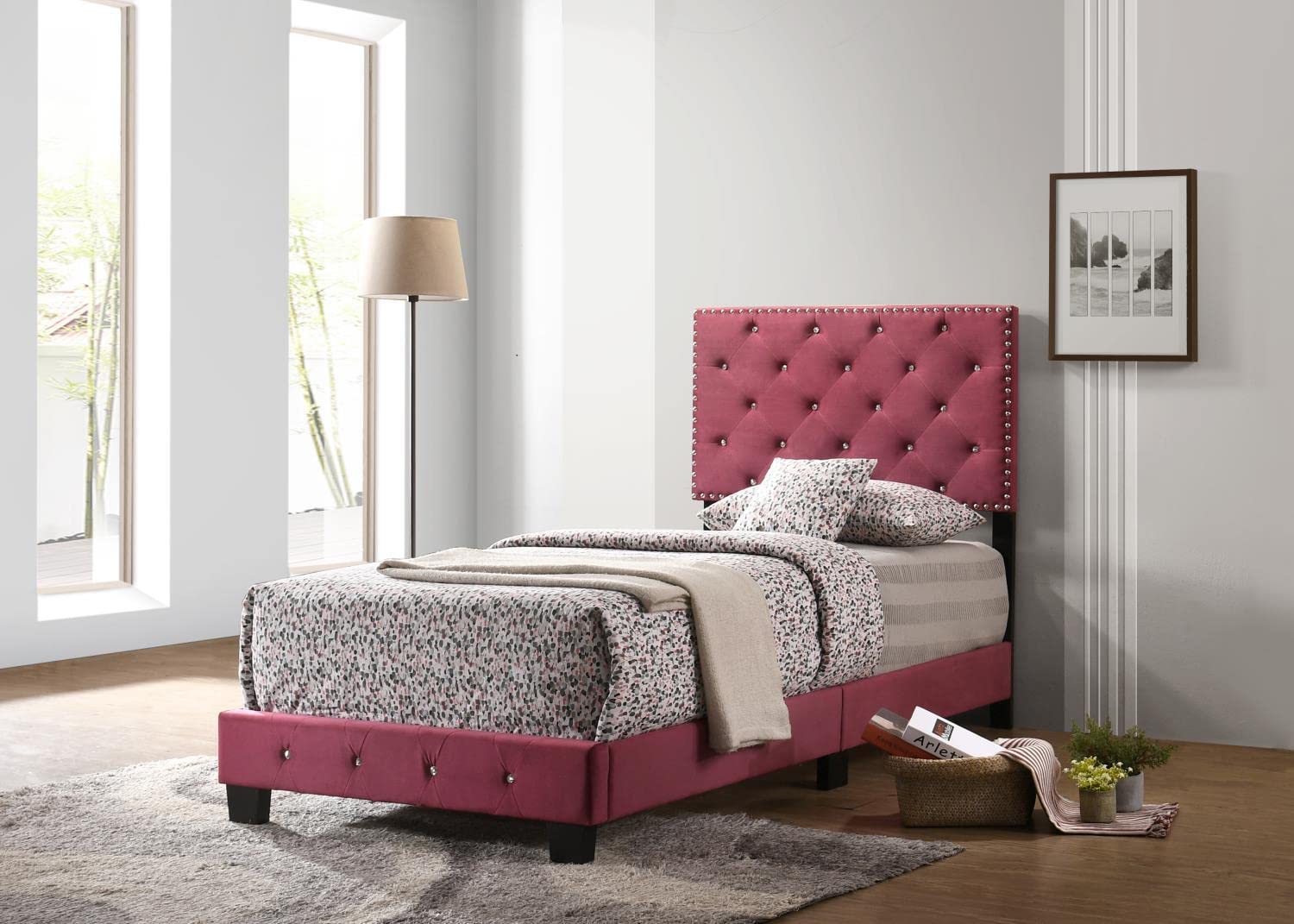 Modern Cherry Wood Twin Panel Bed Frame - Stylish Indoor Bedroom Furniture for Small Spaces, Dorms & Guest Rooms
