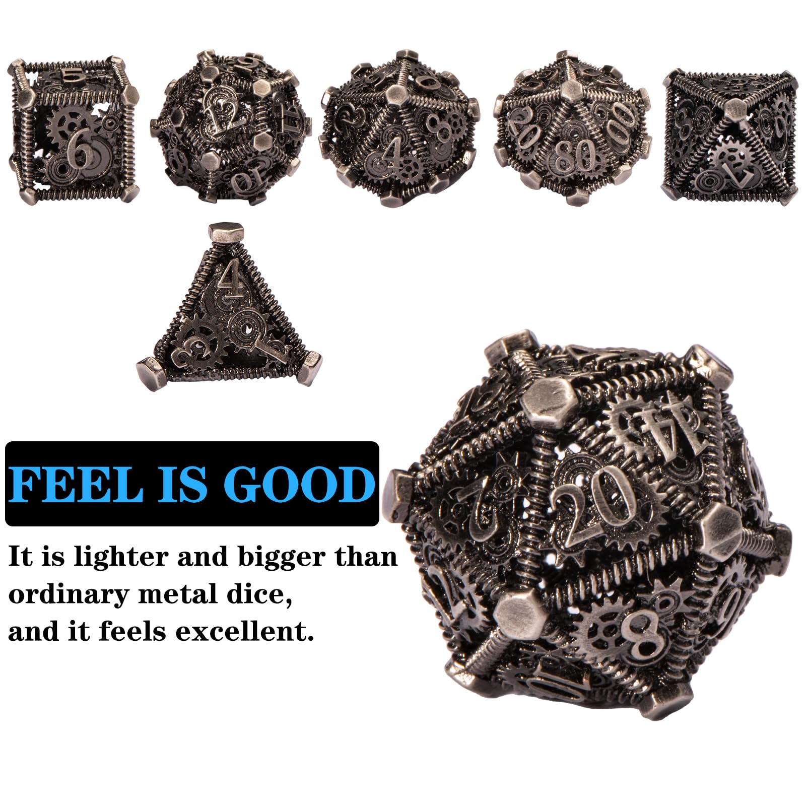 UBEUCK 7-Piece Metal D&D Dice Set - Ancient Nickel Gear Style for Dungeons & Dragons RPG Games | Perfect for Tabletop Gaming, D&D Campaigns & Collector's Display