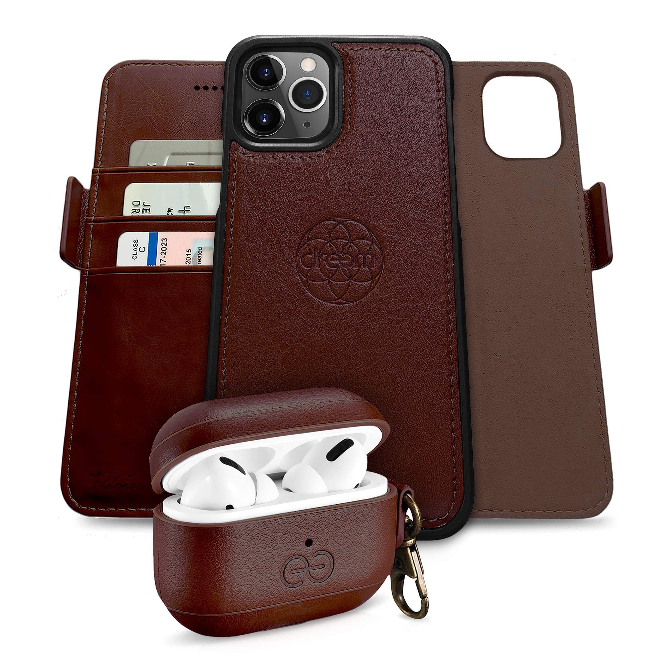 Fibonacci Leather Wallet Case for iPhone 12 Pro Max with AirPods Pro Case - Premium Coffee Brown | Slim RFID Blocking Phone Cover & Wireless Charging Compatible | Perfect for Travel, Work & Everyday Use