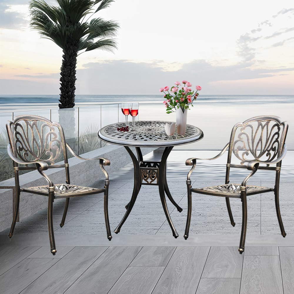 3-Piece Cast Aluminum Bistro Set with 2 Arm Chairs & Umbrella Hole - Antique Bronze Finish Patio Furniture for Outdoor Dining, Garden, Balcony or Poolside (Flower Pattern Table + 2 Chairs) | Perfect for Small Spaces, Morning Coffee & Relaxing Outdoors
