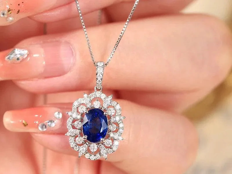 18K White Gold Blue Sapphire Pendant Necklace for Women - Natural Gemstone Diamond Jewelry, Classic & Elegant Gift for Birthday, Anniversary & Special Occasions