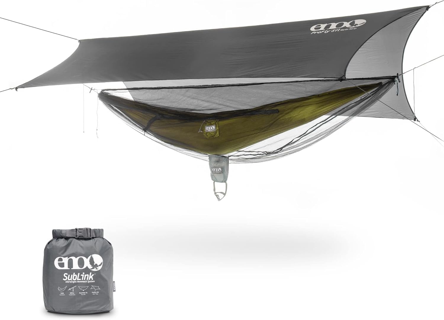 ENO SubLink Hammock System - Complete Camping Set with Sub6 Hammock, Helios Suspension, Guardian SL Bug Net & ProFly SIL Rain Tarp - Ultralight Backpacking Gear for Hiking, Travel & Outdoor Adventures - Grey/Lichen - Perfect for Backcountry Camping, Trail Rest Stops & Beach Lounging