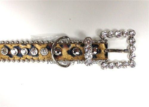 Luxury Clear Crystal & Leather Dog Collar - Tan Leopard Print Fashion Pet Accessory for Small Medium Dogs - Perfect for Daily Walks, Parties & Photo Shoots