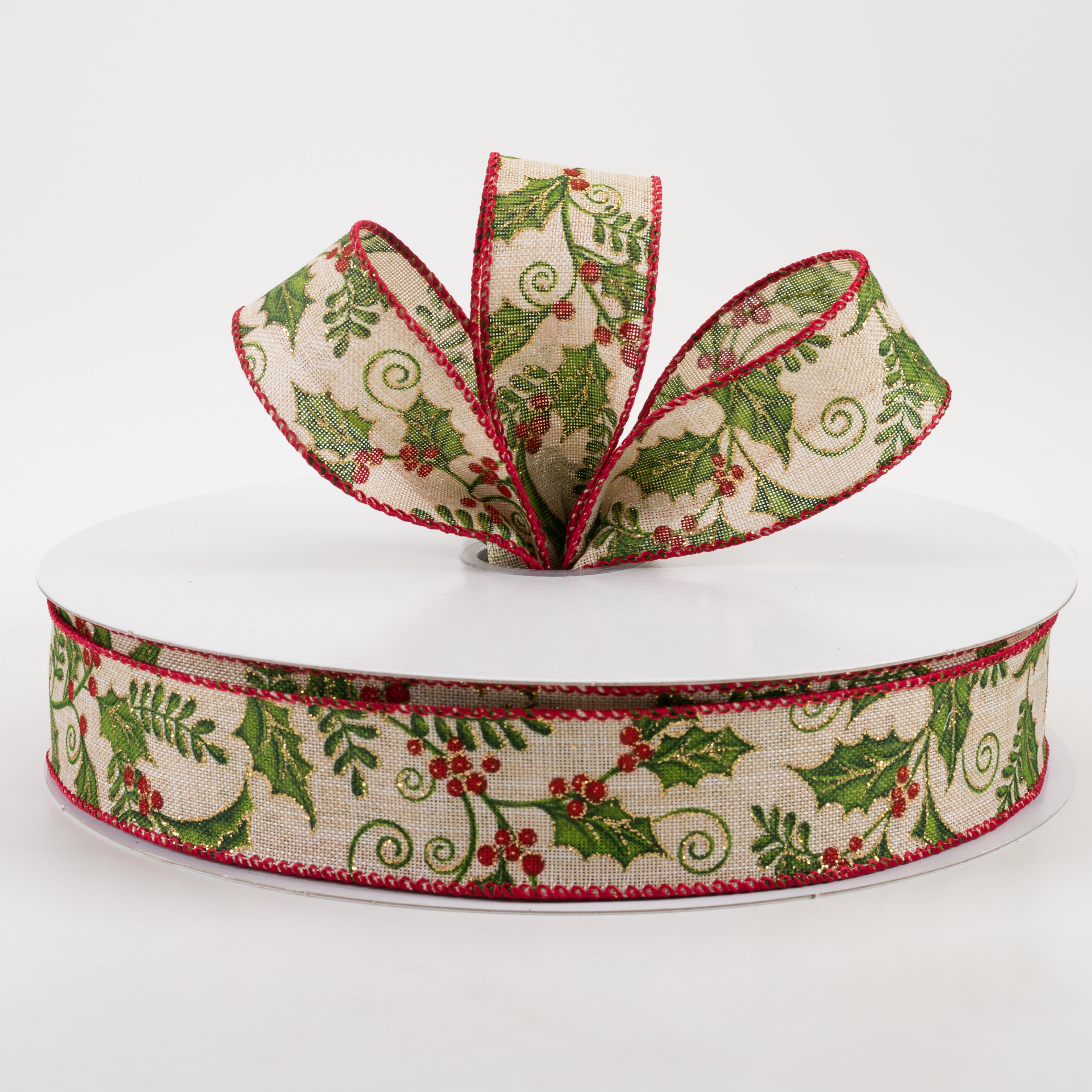 1.5 Inch Linen Glittered Holly Berries Ribbon - Natural Christmas Decoration (50 Yards) for Gift Wrapping, Tree Trimming, and Holiday Crafts