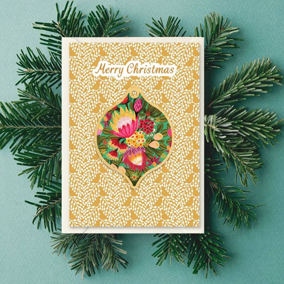King Proteas Christmas Card & Wooden Ornament Set - Handcrafted Holiday Greeting Cards with Floral Design - Perfect for Christmas Decorations, Gift Giving and Holiday Celebrations