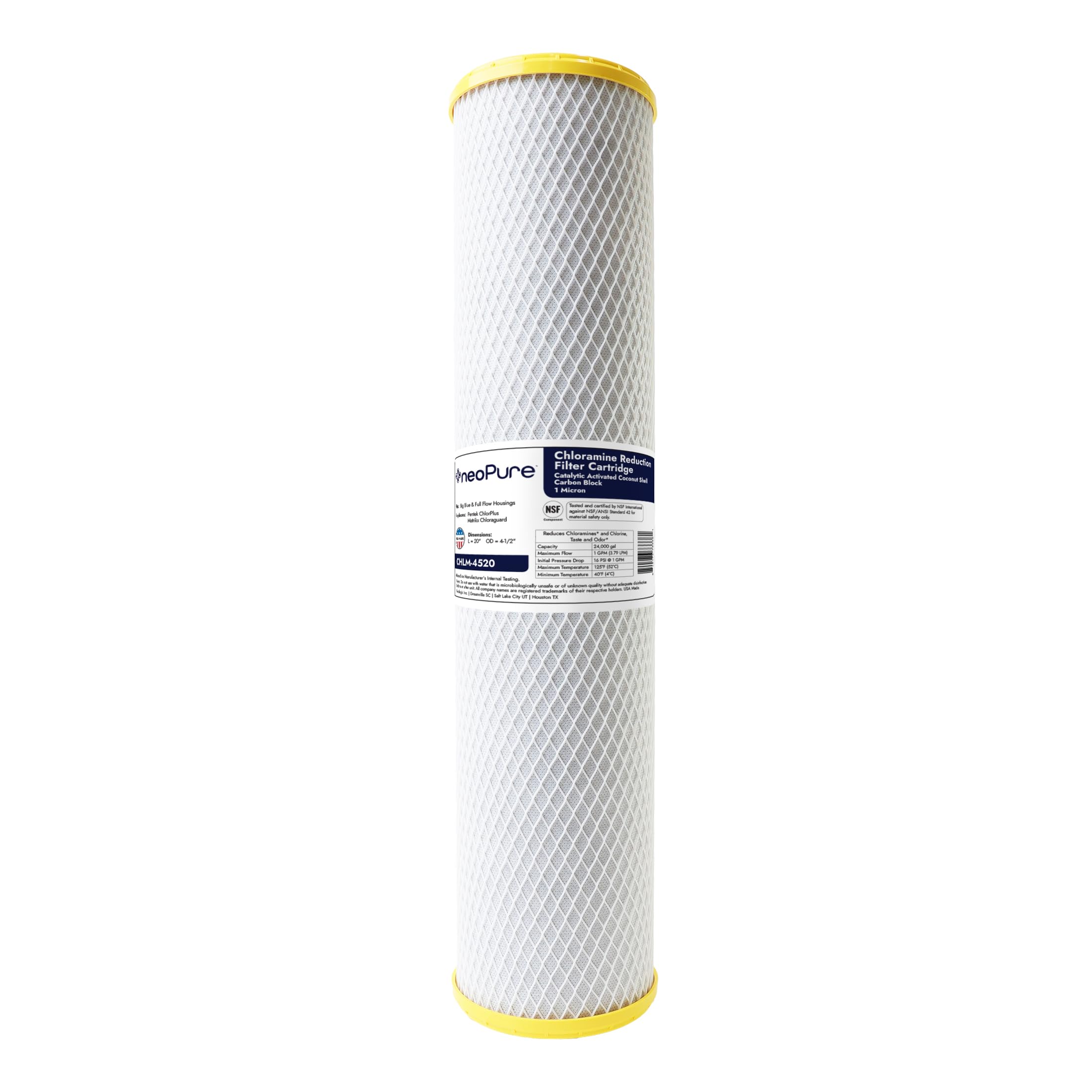 Neo-Pure CHLM-4520 20x4.5 Inch Carbon Block Water Filter | 1 Micron Chloramine Removal | High Efficiency for Clean Drinking Water | Reduces Contaminants | Perfect for Home, Office & RV Water Filtration Systems