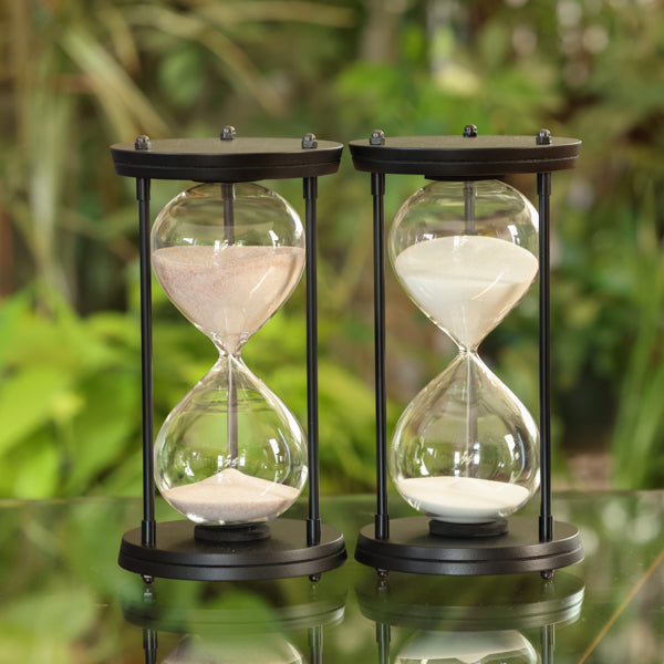 50 Minute Round Hourglass with Metal Spindles - Natural or White Sand - Perfect for Home Decor, Office Desk, Meditation Timer & Gift Ideas