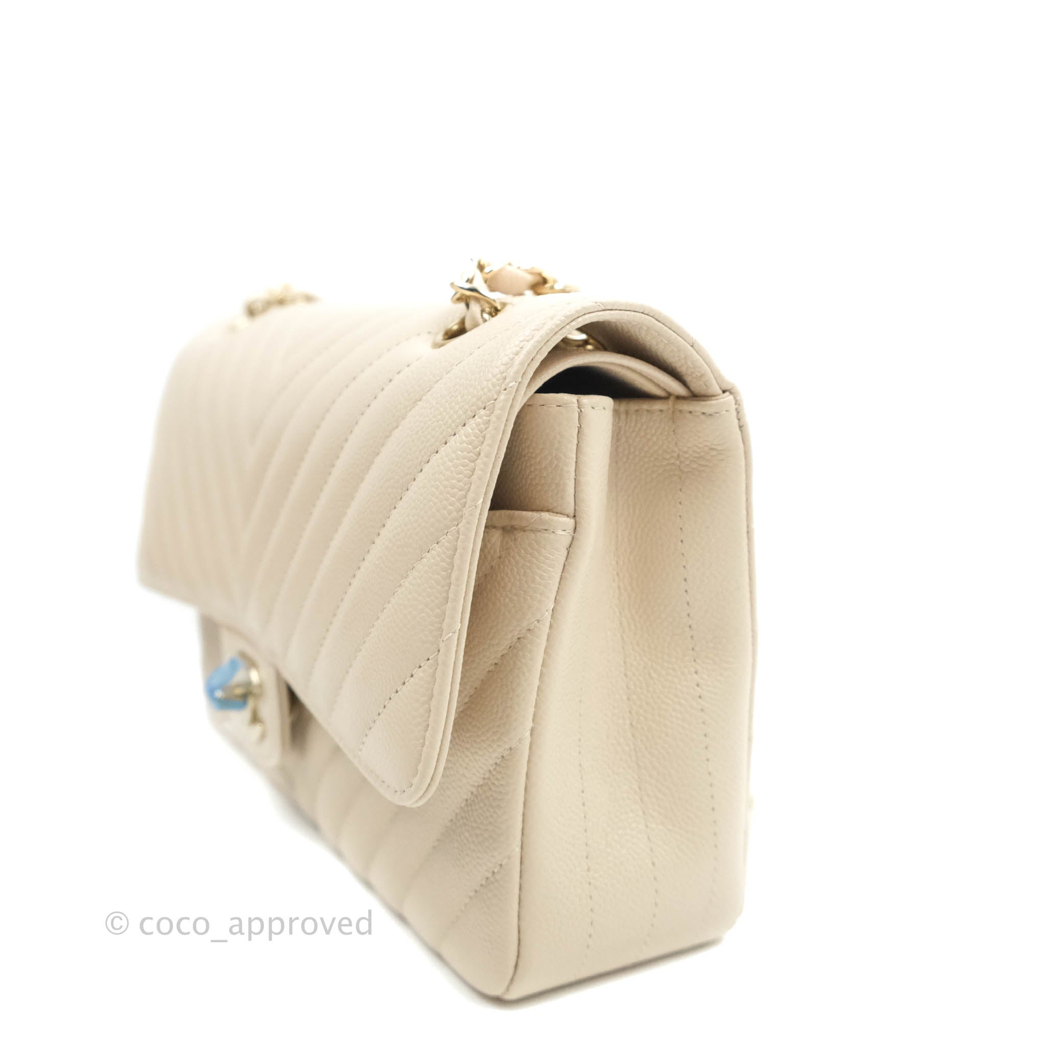 Chanel Classic Medium Double Flap Bag - Chevron Light Beige Caviar Leather with Gold Hardware (20B Collection) | Luxury Crossbody Purse for Women, Perfect for Date Nights & Special Occasions