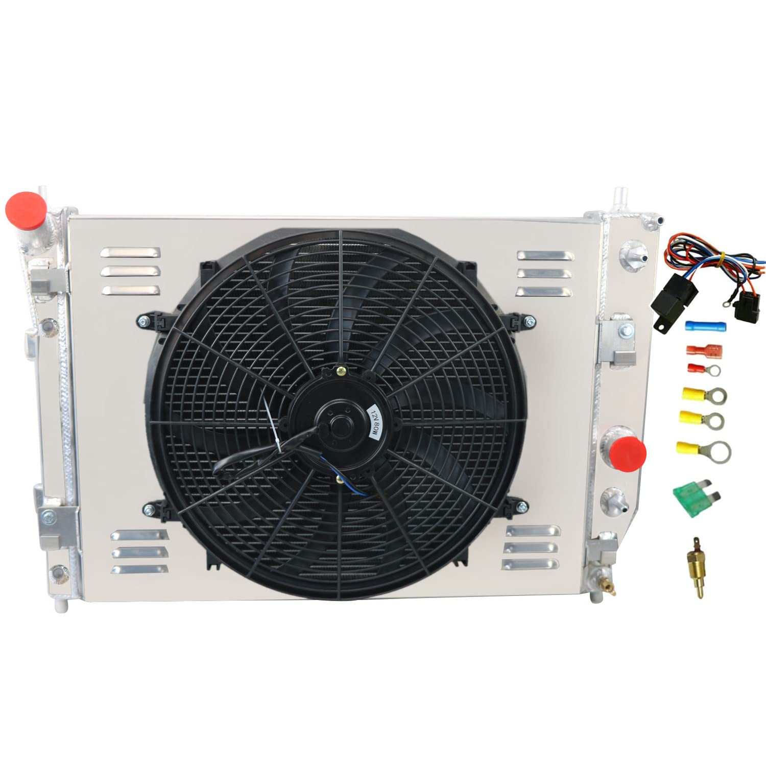 62MM 4 Row Aluminum Radiator with Double Oil Cooler & Electric Fan Shroud - Compatible with 2005-2013 Chevy Corvette C6 6.2L/7.2L V8 Gas Engine - Includes Thermostat Kit - Perfect for Performance Upgrades & High-Temperature Driving Conditions