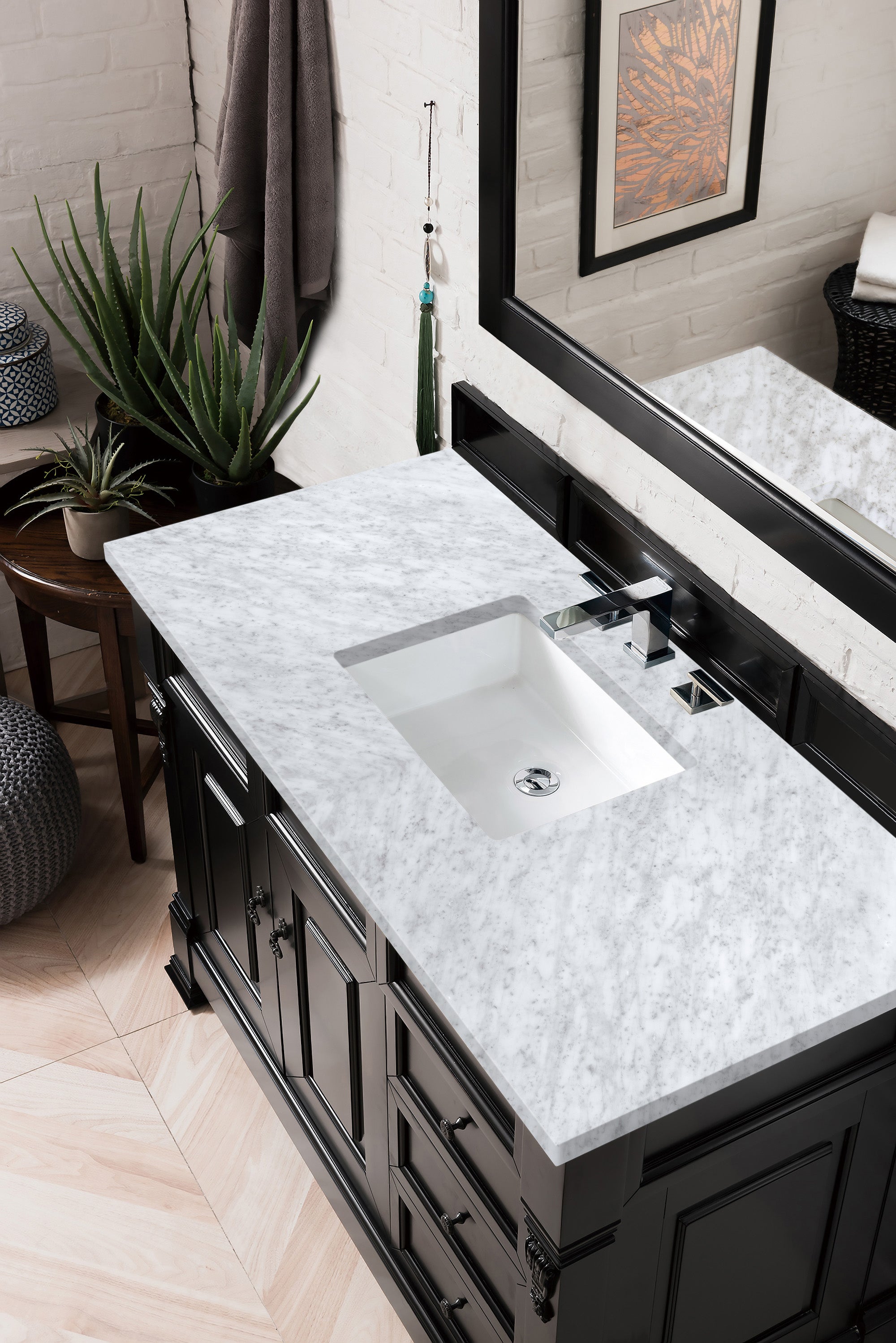 Brookfield 48 Inch Single Bathroom Vanity with Antique Black Finish & 3CM Carrara Marble Top - Perfect for Modern and Traditional Bathroom Designs