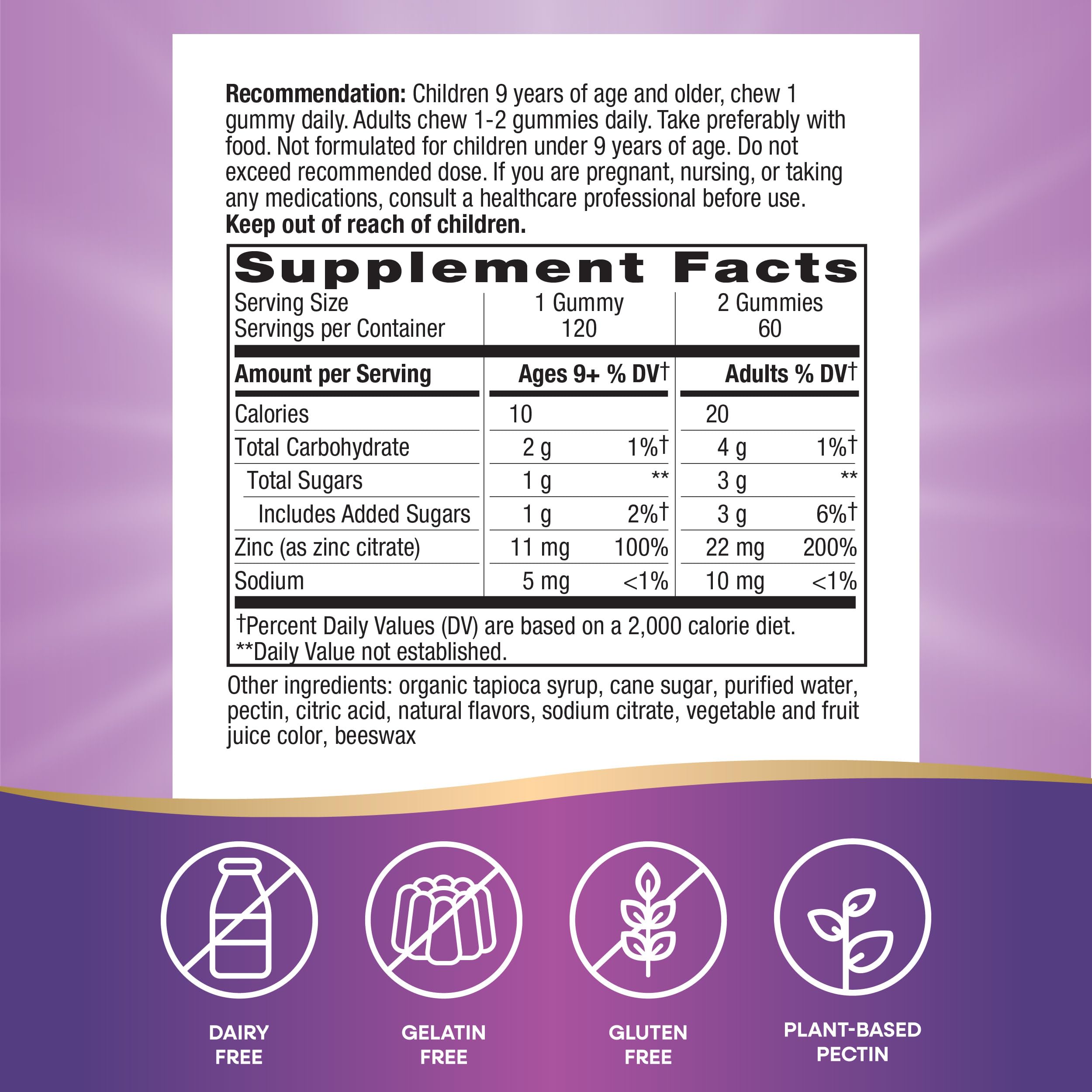 Nature's Way Zinc Gummies for Immune Support - 120 Mixed Berry Flavored Gummies with 100% Daily Zinc Value | Daily Immune Booster for Adults & Kids | Perfect for Cold Season & Year-Round Wellness