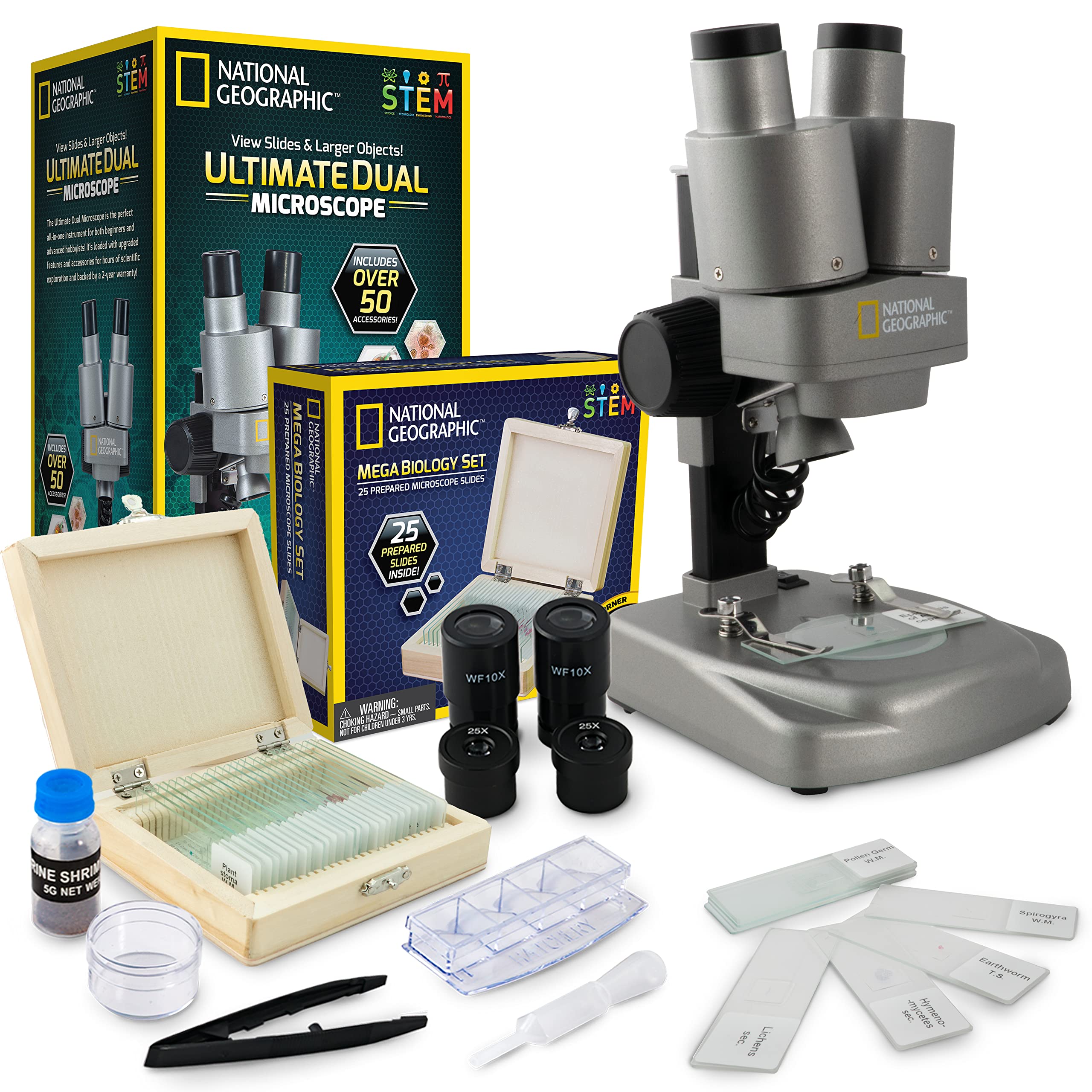 NATIONAL GEOGRAPHIC Kids Microscope Science Kit - Dual LED Illumination, 20x & 50x Magnification with 35 Prepared Slides | STEM Educational Toy for Children Ages 8-12 | Perfect for Homeschool Biology Lessons & Young Scientists Exploration