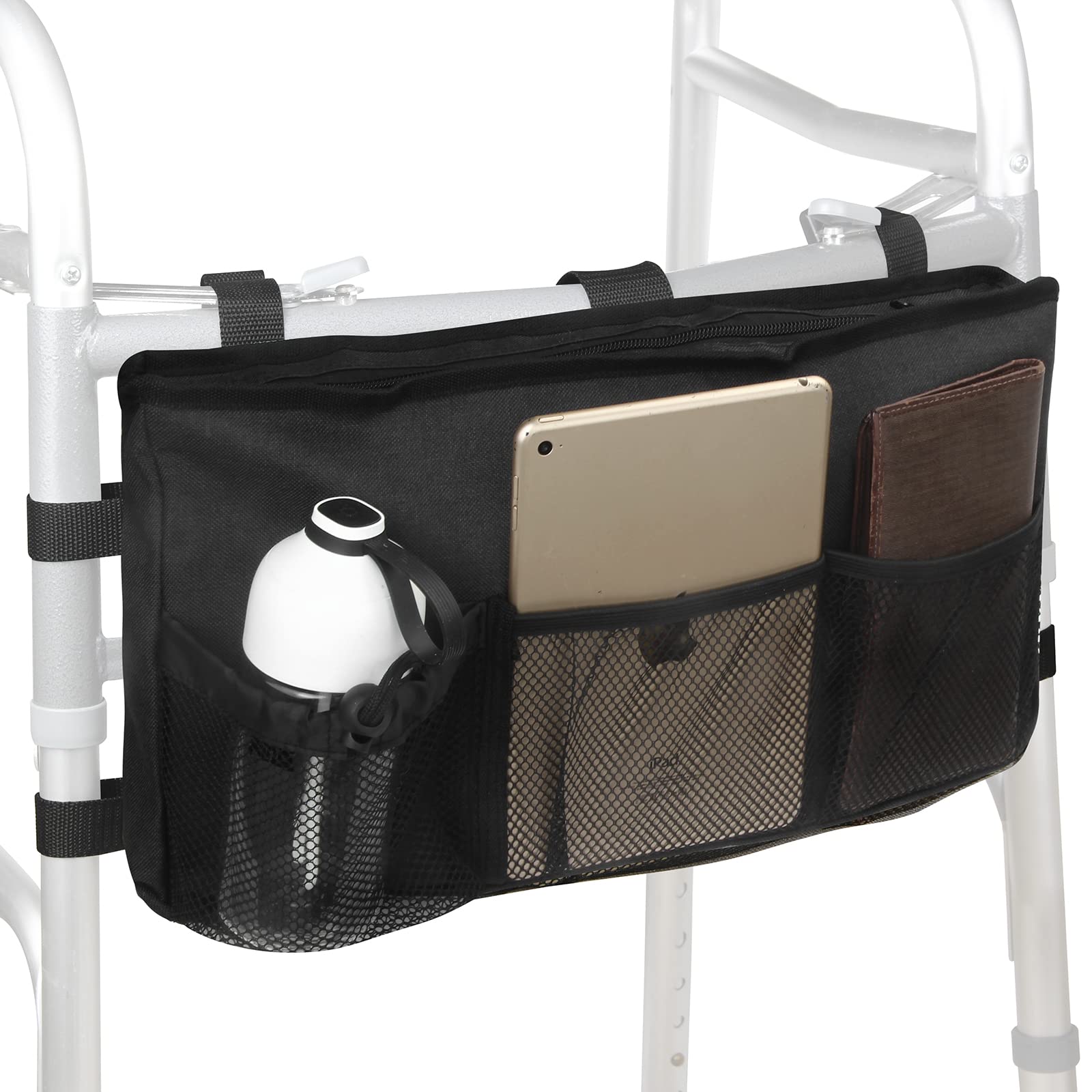 Adjustable Walker Bag Organizer - Water Resistant Storage Pouch for Folding Walker, Rollator & Wheelchair (Black) - Perfect for Mobility Aid Accessories