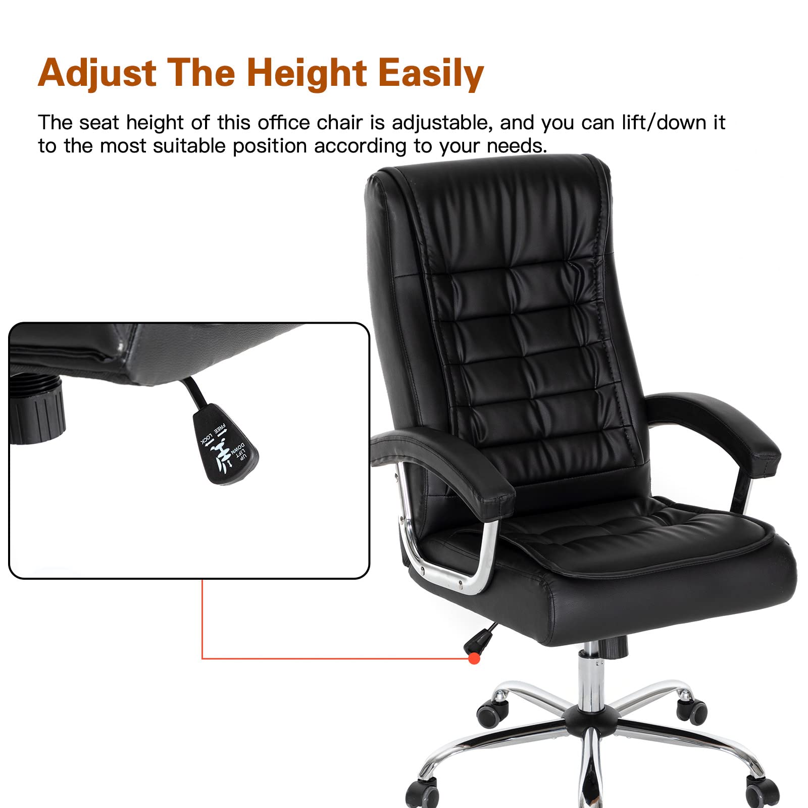 Premium Ergonomic Executive Office Chair - Adjustable High Back Leather Swivel Chair with Padded Seat & Armrests - 350lbs Weight Capacity - Spring Support Computer Desk Chair for Home Office (Black) - Perfect for Long Work Hours & Video Conferencing