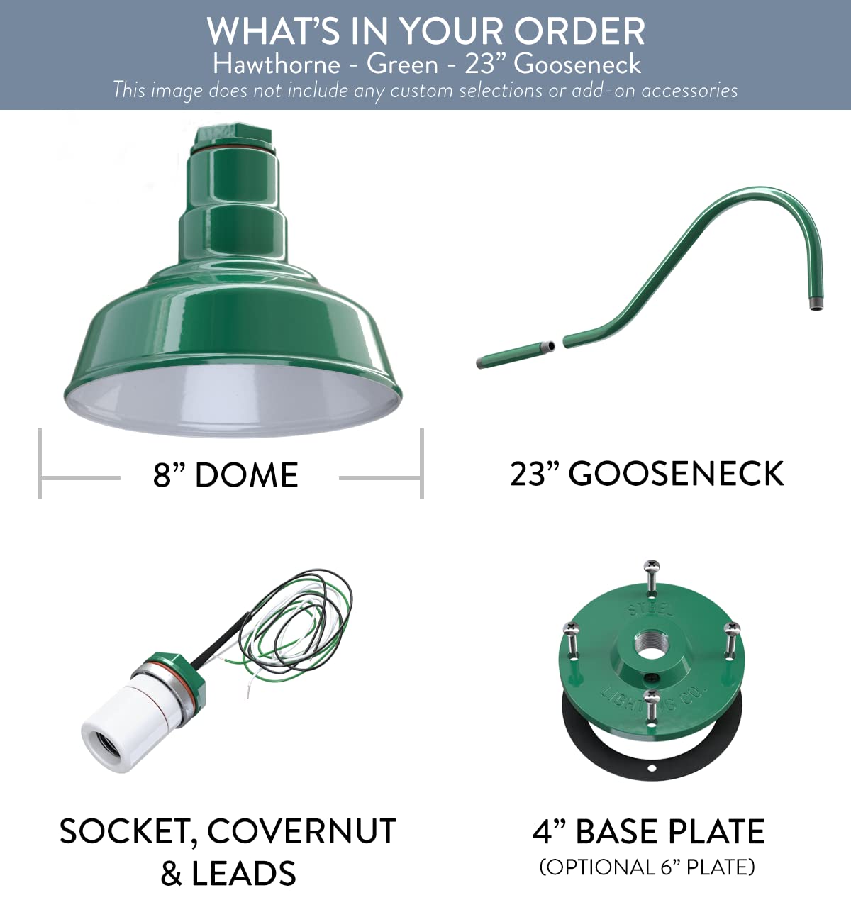 Steel Lighting Co. | 8-inch Dusk to Dawn Outdoor Barn Light | 23-inch Gooseneck Wall Mount Farmhouse Sconce | Green Exterior & White Interior | Made in USA | Perfect for Porch, Patio & Garage Lighting