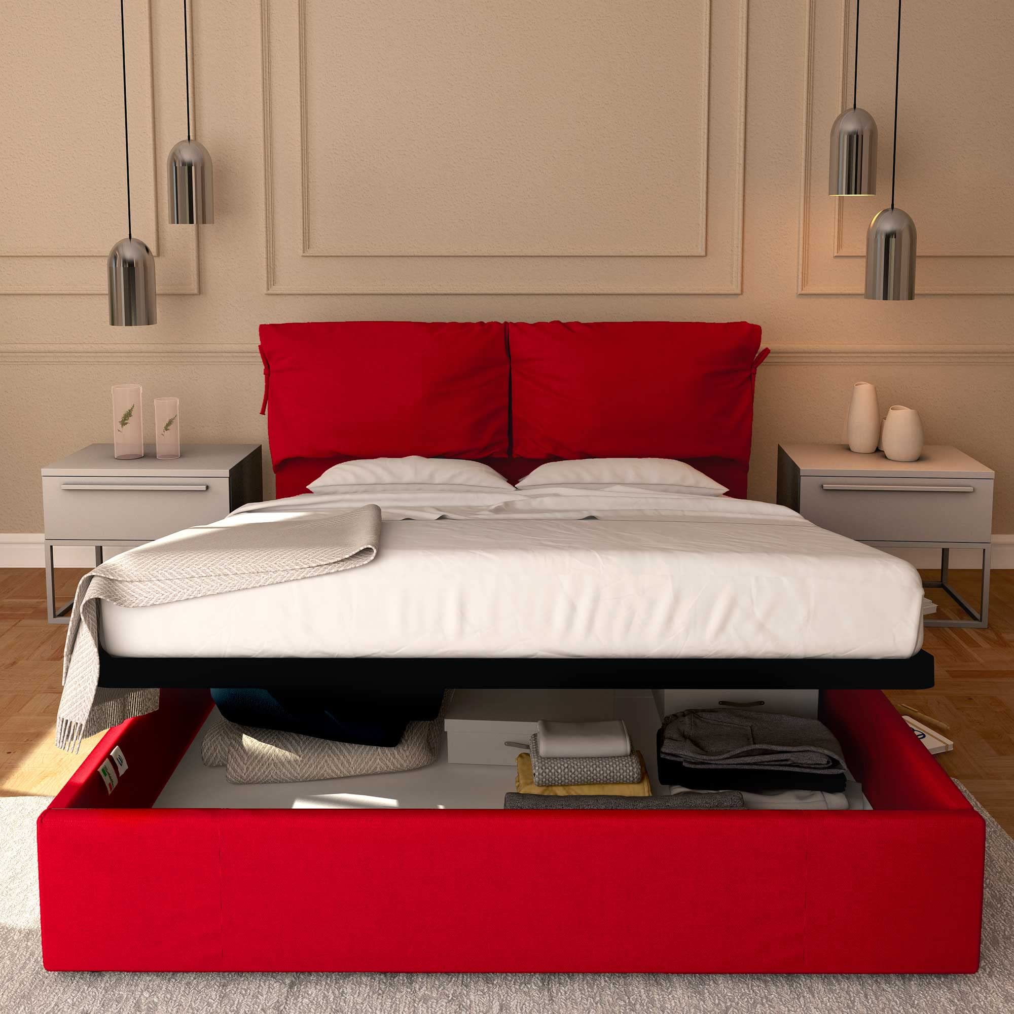 Baldiflex Single Bed with Storage - Licia Soft Synthetic Leather, Slatted Base for Single Mattresses, 160 x 200 cm, Finely Padded Headboard, Red - Perfect for Small Bedrooms, Guest Rooms & Studio Apartments