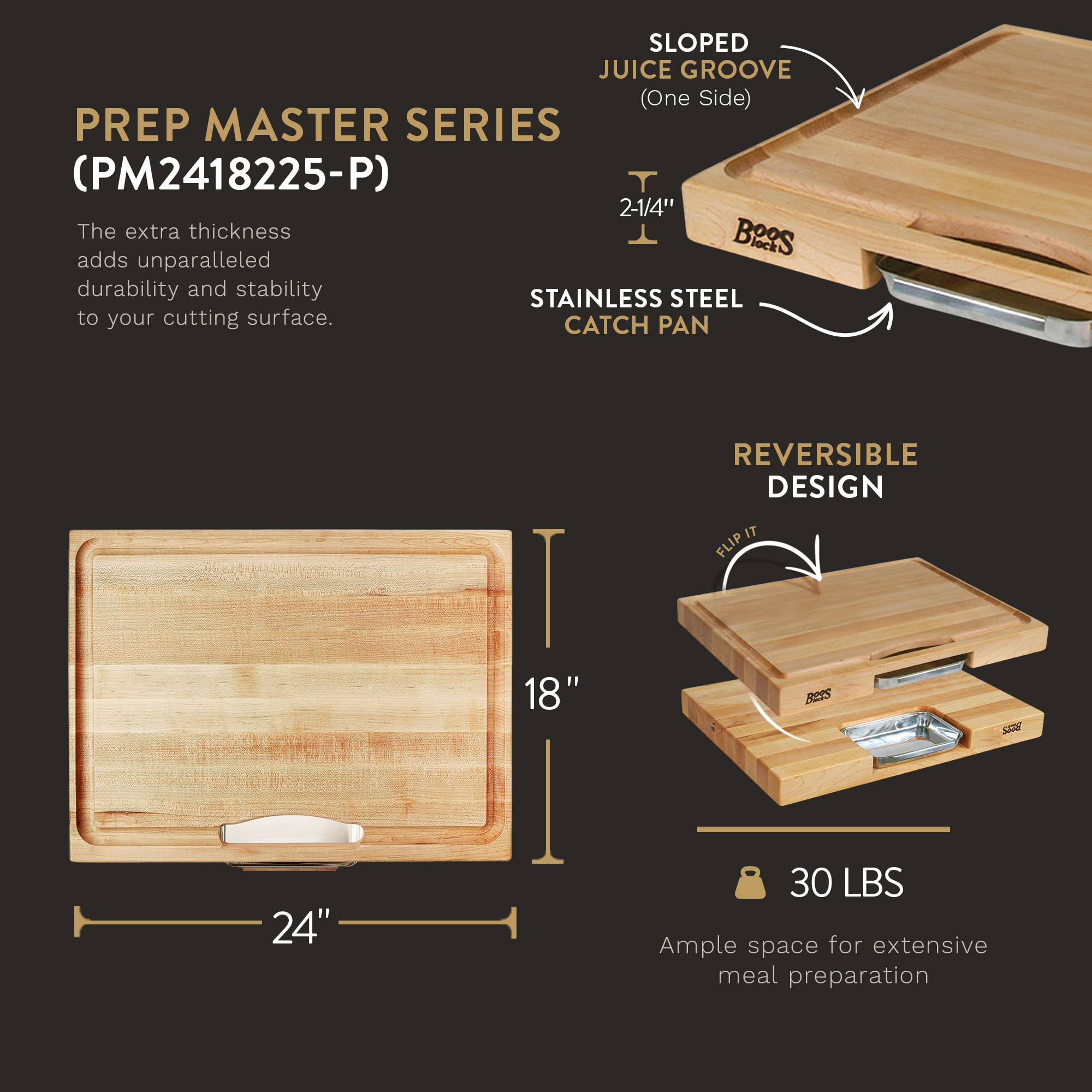 John Boos Newton Reversible Maple Wood Cutting Board with Juice Groove & Pan - 24