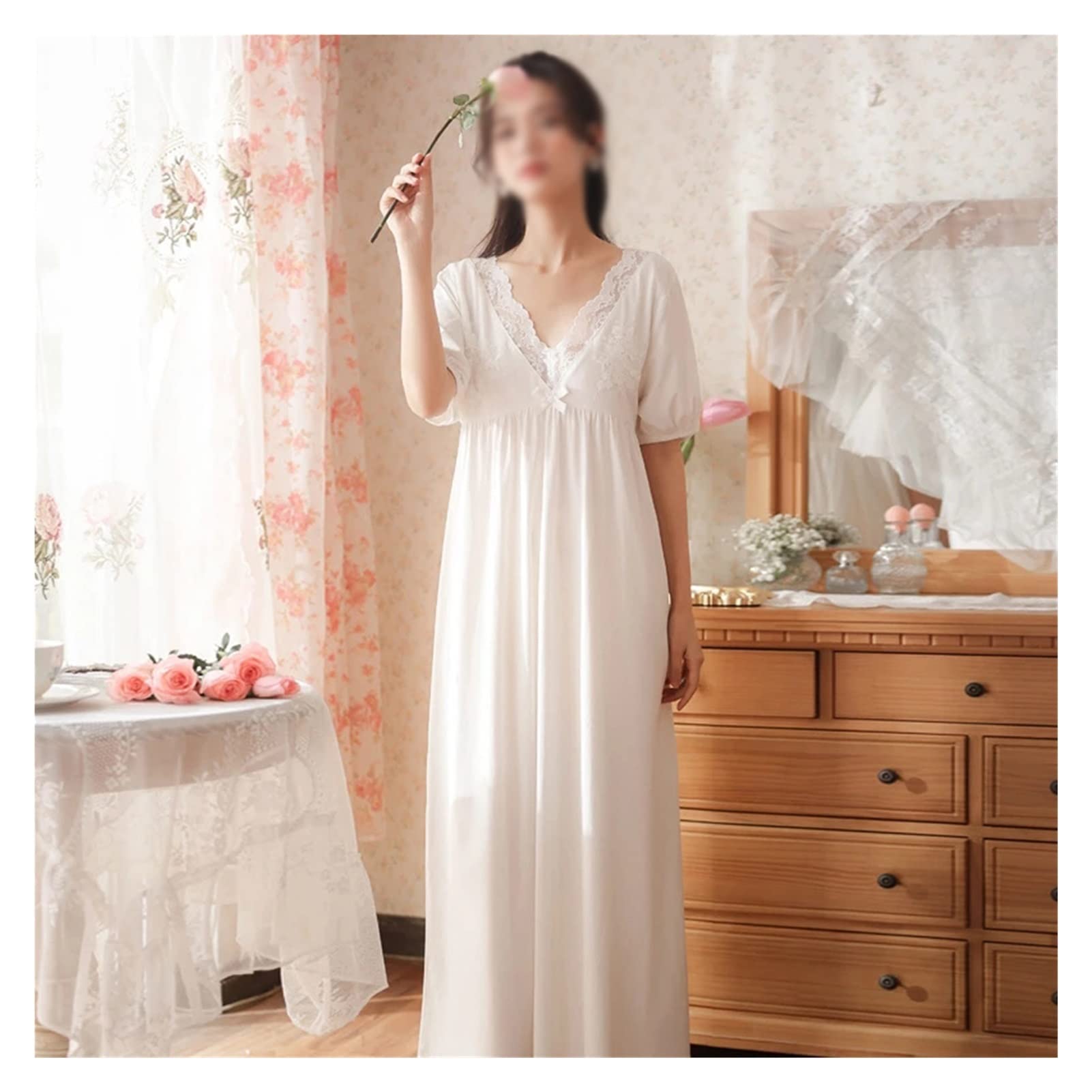 Sexy Lace Long Cotton Nightdress for Women - Princess Pajamas Set Spring Summer Sleepwear (Color A, Size L) | Perfect for Bedtime, Lounge Wear & Romantic Nights