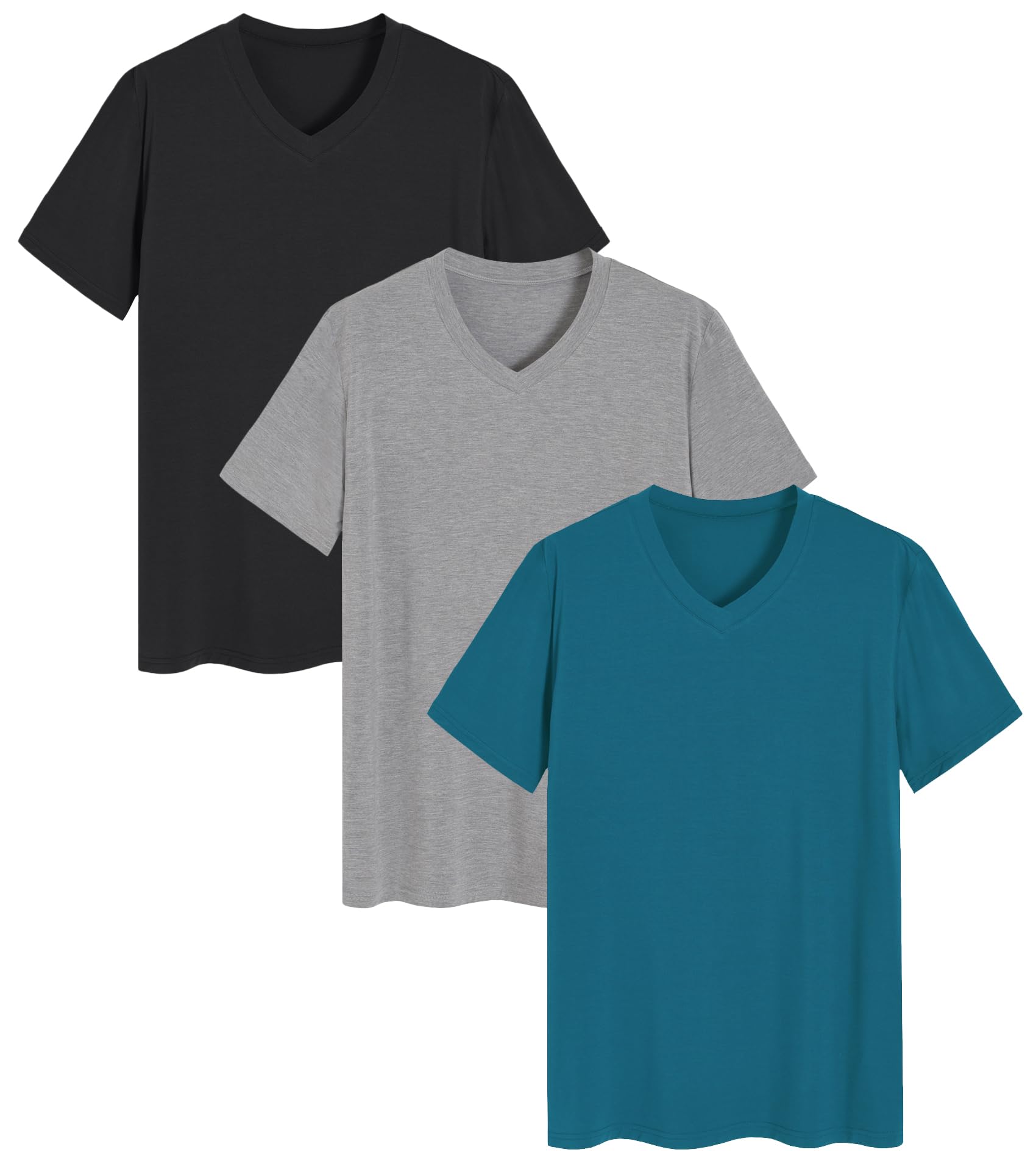 Soft Men's Viscose Sleep Shirt - 3 Pack Breathable V-Neck Pajama Tops for Comfortable Nightwear & Lounge Wear - Perfect for Bedtime, Relaxing at Home, and Travel
