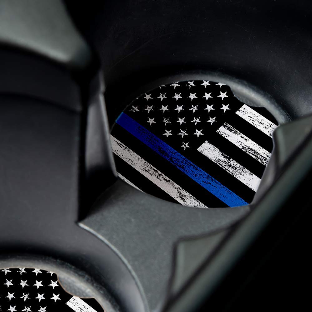 Thin Blue Line Car Coasters Set of 2 - Absorbent Drink Coasters with Non-Slip Rubber Backing (2.56 Inch) - Perfect Car Accessories for Coffee, Soda & Water Bottles - Ideal for Road Trips, Commuting & Daily Driving