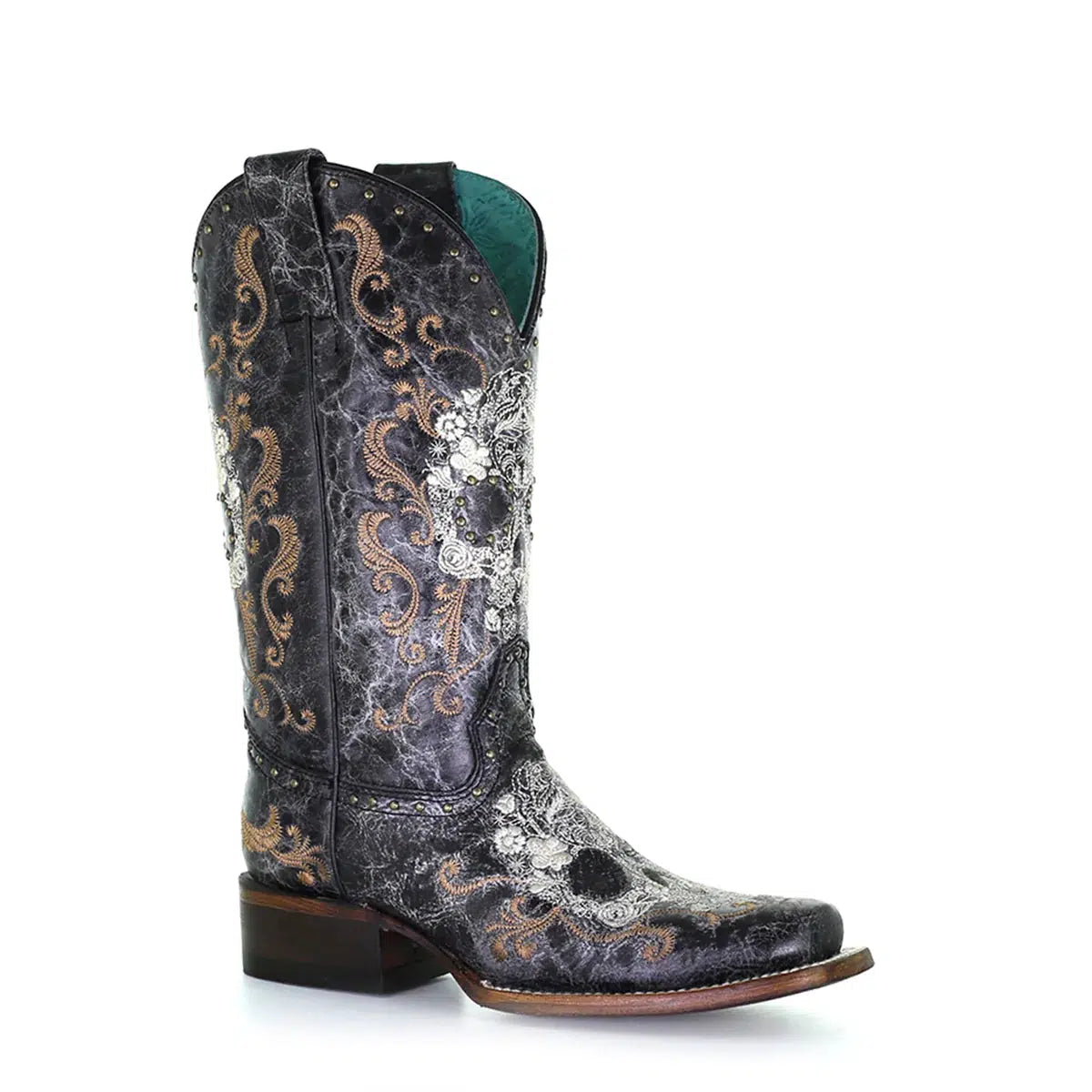 Z5005 Women's Western Cowgirl Leather Boots with Black Skull Design - Stylish & Comfortable for Rodeo, Country Dancing & Everyday Wear