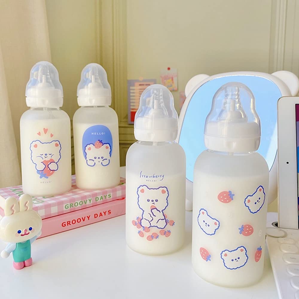 Strawberry Bear Glass Water Bottle with Straw Lid - 11oz Cute Kawaii Water Bottle for Women Adults, BPA Free Borosilicate Glass, Portable Drinking Bottle for Office, Gym, Travel, and Outdoor Activities