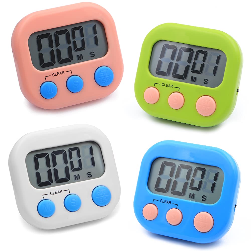 4-Pack Magnetic Digital Kitchen Timer with Loud Alarm - Colorful Countdown Stopwatch for Cooking, Boiling Eggs, Shower, Toothbrushing | Perfect for Home, Classroom, Gym & Kids Activities