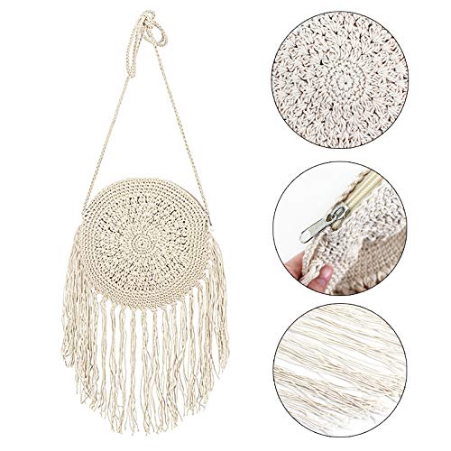 GoClothod Women's Crochet Fringed Shoulder Bag - Cotton Boho Tassel Crossbody Purse for Beach, Festival & Summer Outfits | Hippie Style Handbag for Vacation, Music Events & Casual Wear