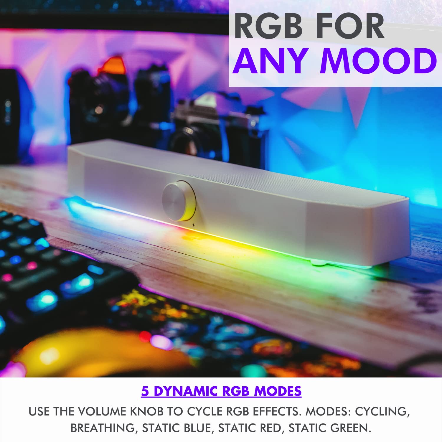 Tilted Nation Gaming Sound Bar for PC & Desktop - RGB LED Computer Speakers with Bluetooth 5.0, USB & 3.5mm AUX - Perfect for Gaming, Movies & Music Streaming