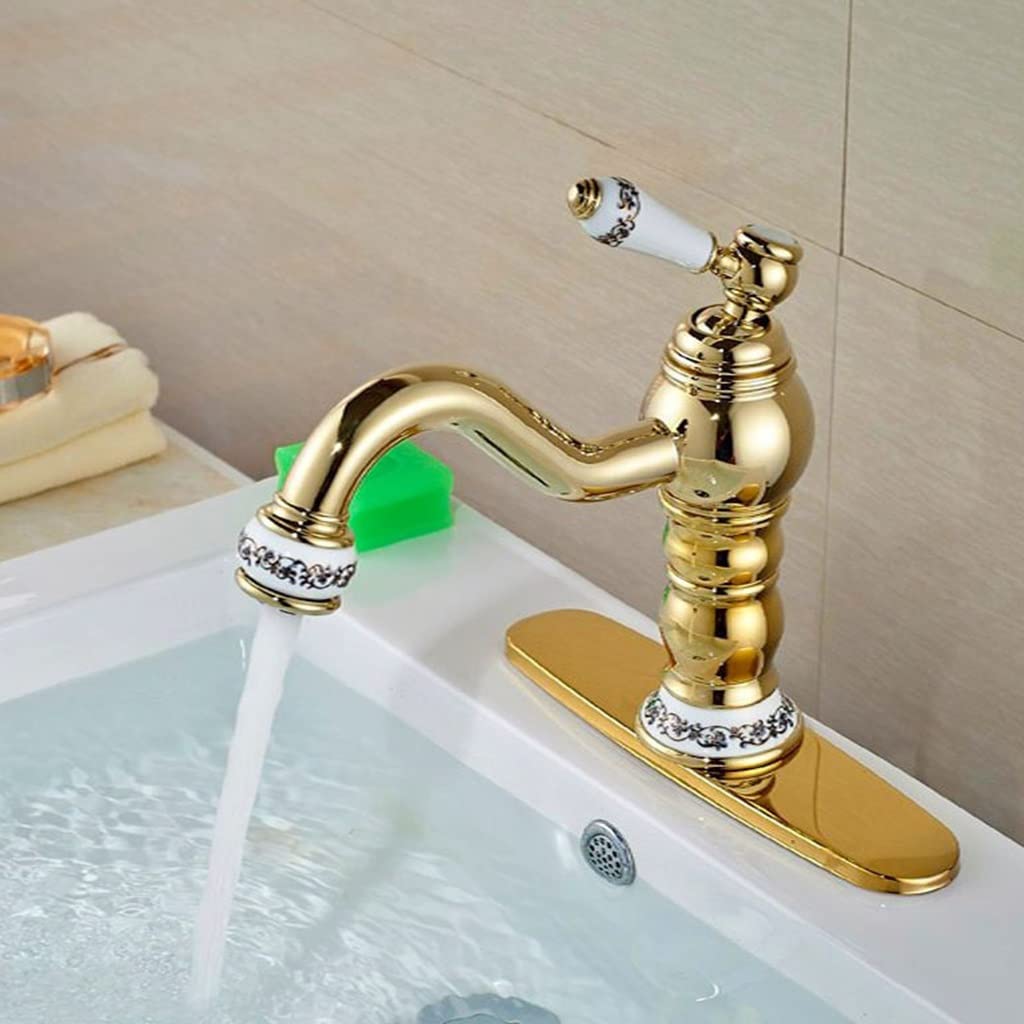 Ceramic Single Handle Bathroom Faucet - Gold Plated Basin Mixer Tap with Cover Plate | Modern Waterfall Spout for Vanity Sink, Powder Room & Guest Bathroom