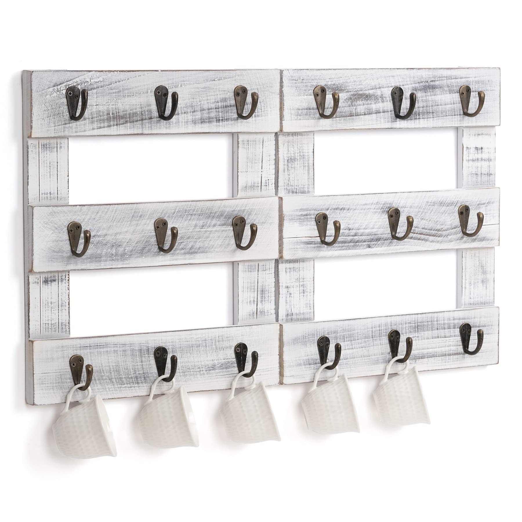 TRSPCWR Wooden Coffee Mug Holder Stand with 18 Hooks - Foldable Wall Mounted Cup Rack Organizer for Coffee Station, Kitchen Storage & Home Decor (Vintage White) | Perfect for Kitchen Organization, Coffee Bar Display & Space-Saving Storage
