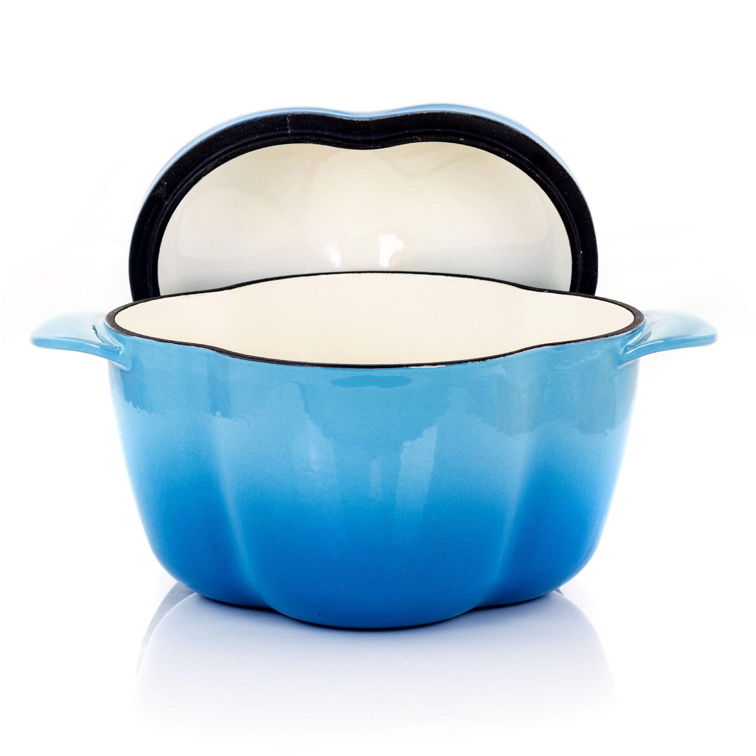MegaChef Blue 3 Quart Enamel Cast Iron Casserole Pot - Pepper Shaped Dutch Oven for Baking, Stewing & Serving - Perfect for Kitchens, Camping & Gifts