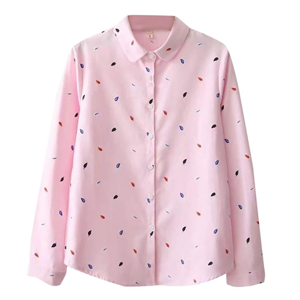 Women's Casual Loose Long Sleeve Blouse with Leaf Print - Korean Style Fashion Top for Work, Dating & Everyday Wear