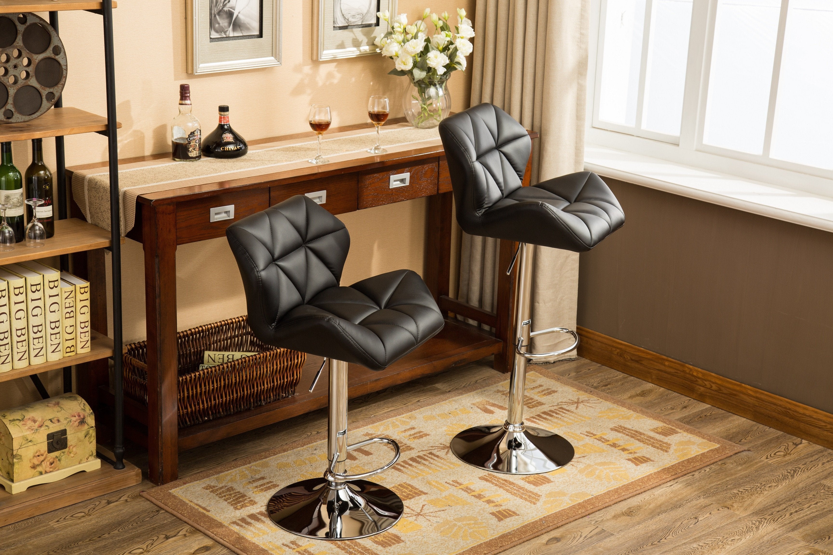 Roundhill Furniture Glasgow Contemporary Tufted Adjustable Height Hydraulic Bar Stools, Black, Set of 2 - Perfect for Kitchen Islands, Home Bars & Modern Dining Areas