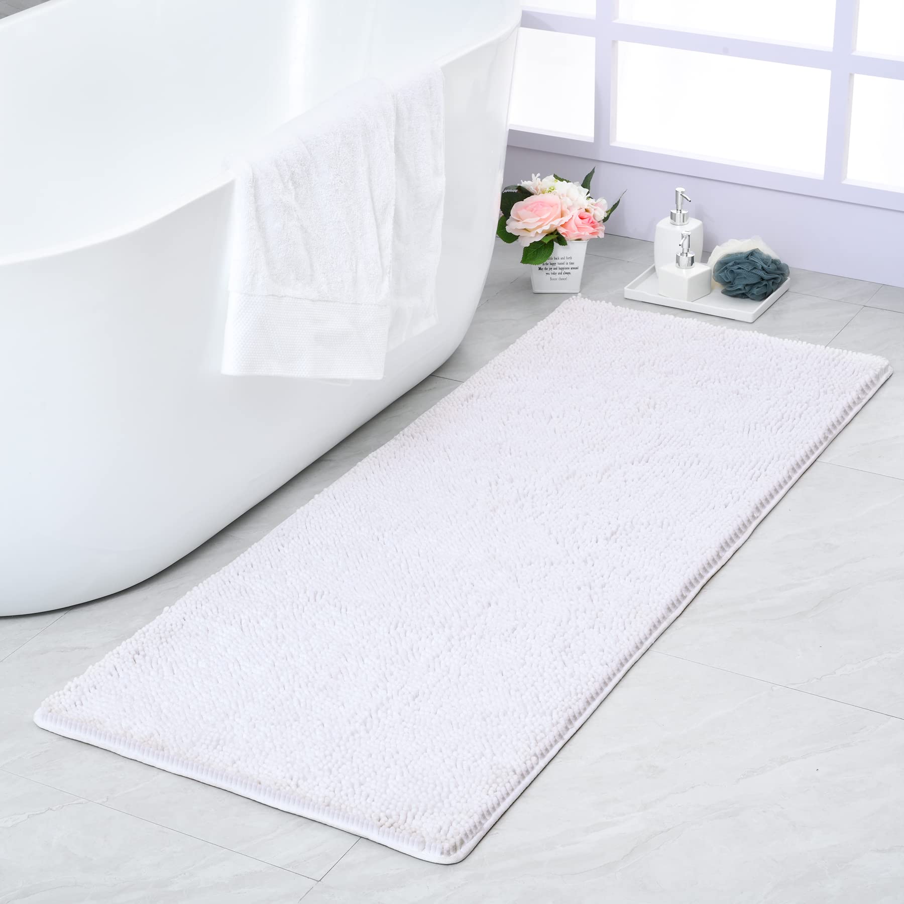 Noahas Soft Luxury Chenille Bathroom Rug 24'' x 48'' - Non-Slip Absorbent Bath Mat for Tub & Shower - Plush Microfiber Machine Washable Floor Carpet (White) - Perfect for Bathroom, Spa & Home Decor