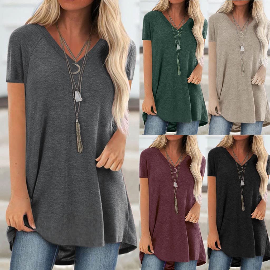 2022 Women's Summer V-Neck Short Sleeve T-Shirts - Casual Solid Blouse Tee, Loose Fit Trendy Tunic Tops for Beach, Travel & Everyday Wear