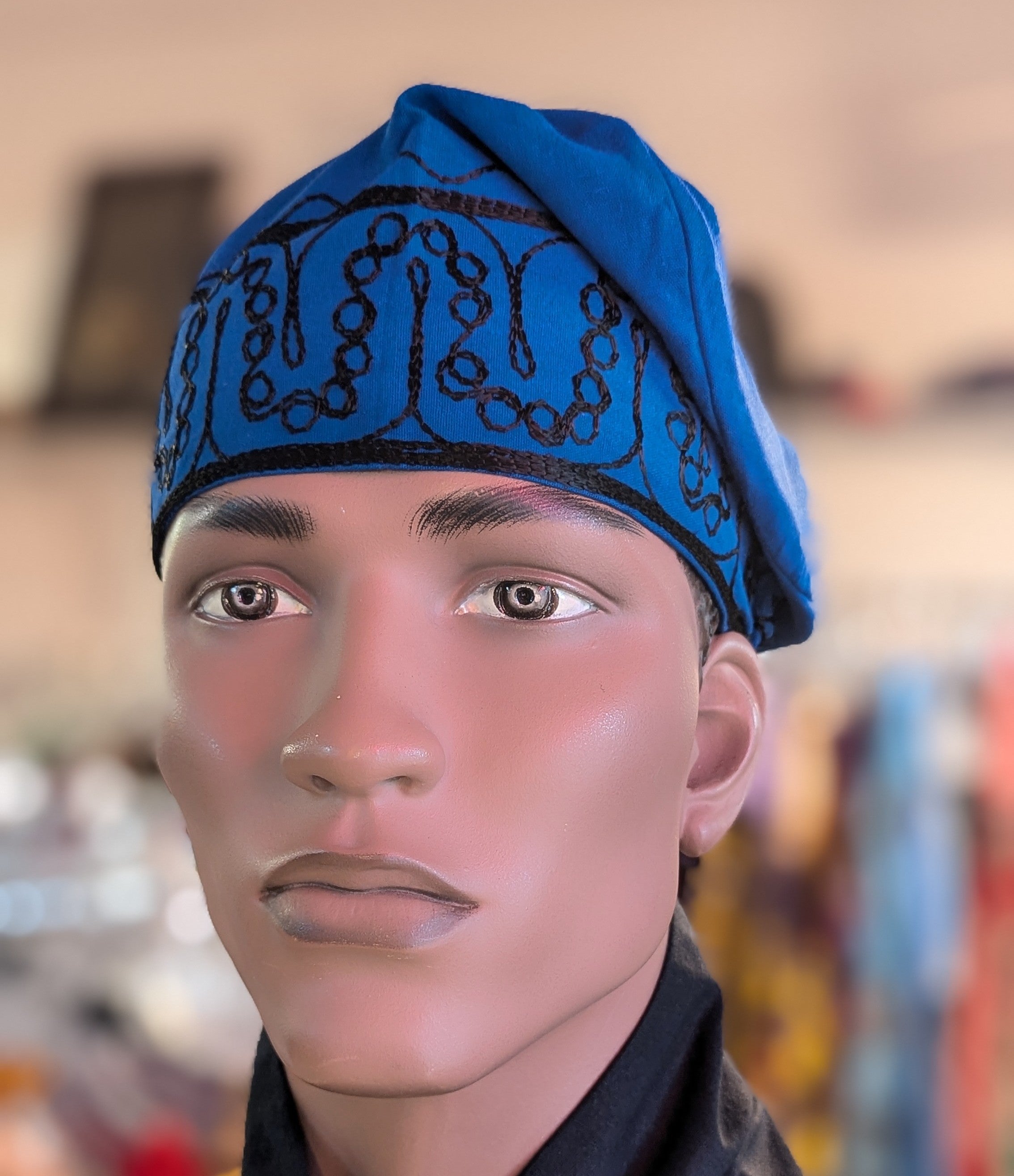 Royal Blue African Cotton Adebo Fila Kufi Cap with Black Embroidery - Traditional Nigerian Hat for Men - Perfect for Weddings, Cultural Events & Religious Ceremonies (DPH4094)