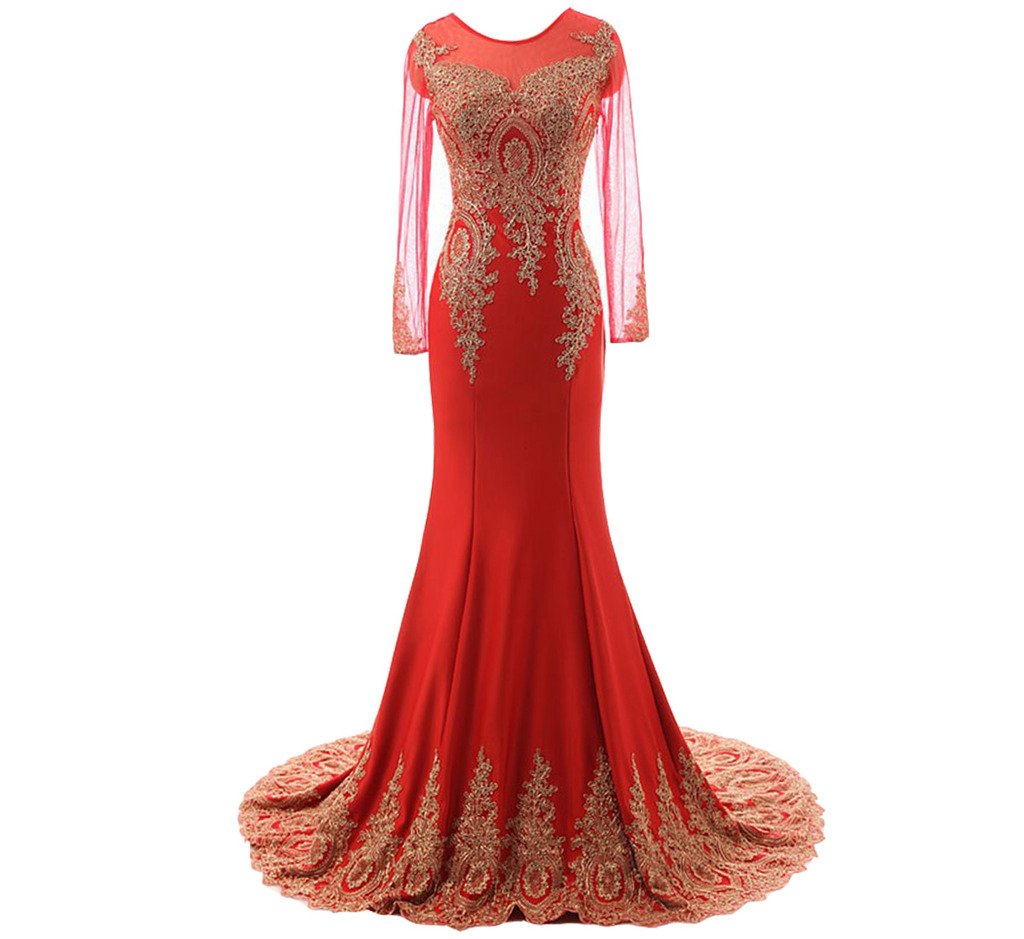 Elegant Lemai Spandex Sheer Long Sleeve Gold Lace Mermaid Evening Gown for Prom, Formal Dinners & Special Occasions
