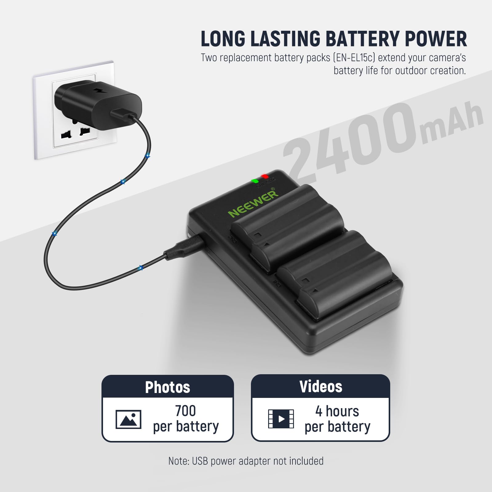 NEEWER MB-N11 Vertical Battery Grip for Nikon Z6 II & Z7 II Cameras with 2x 2400mAh EN-EL15c Replacement Batteries, USB Dual Channel Charger & Cleaning Cloth - Perfect for Photography, Travel & Professional Shooting