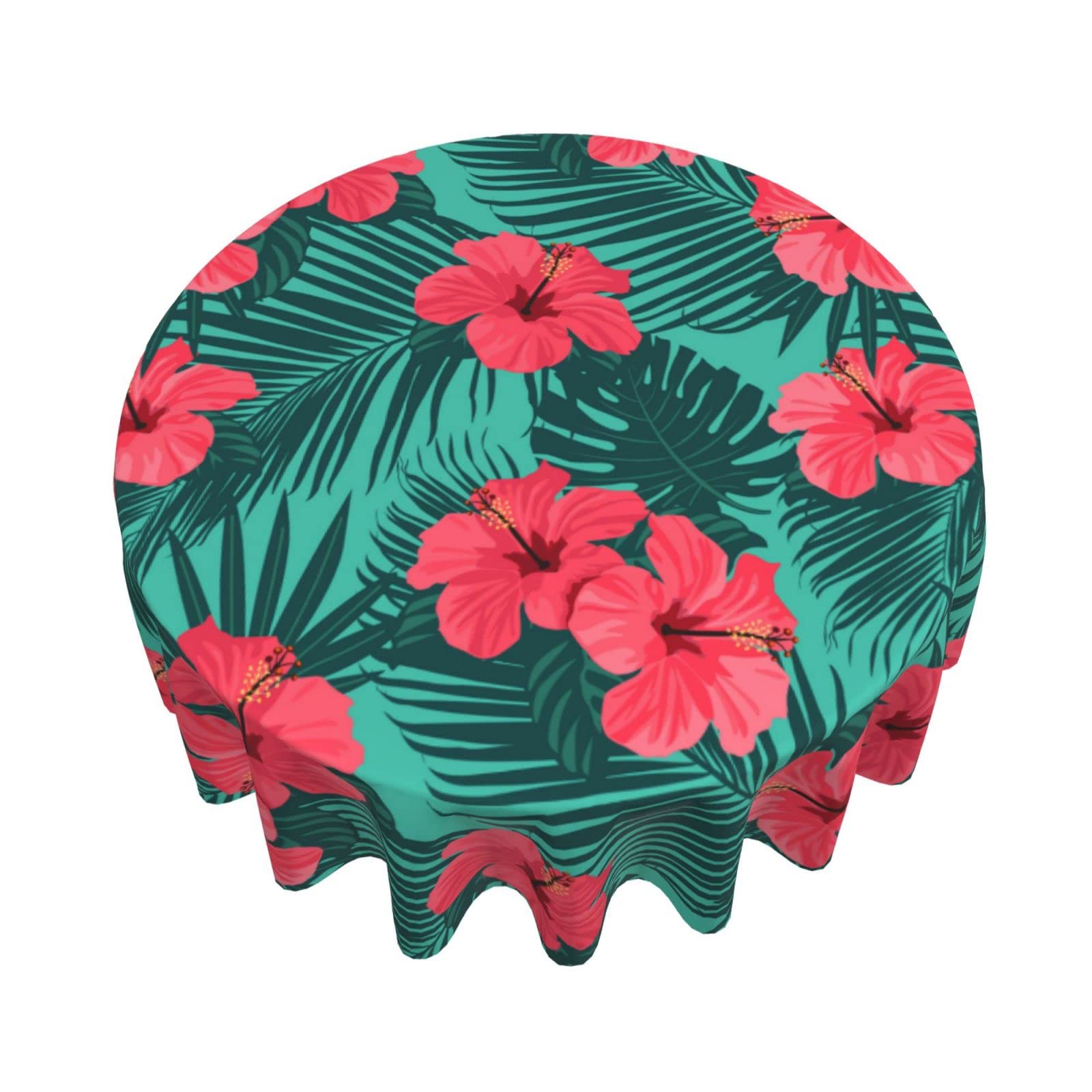 60 Inch Green Tropical Palm Floral Round Tablecloth - Waterproof Spill Proof Hawaiian Party Decor for Dinner, Picnic, Camping & Outdoor Events