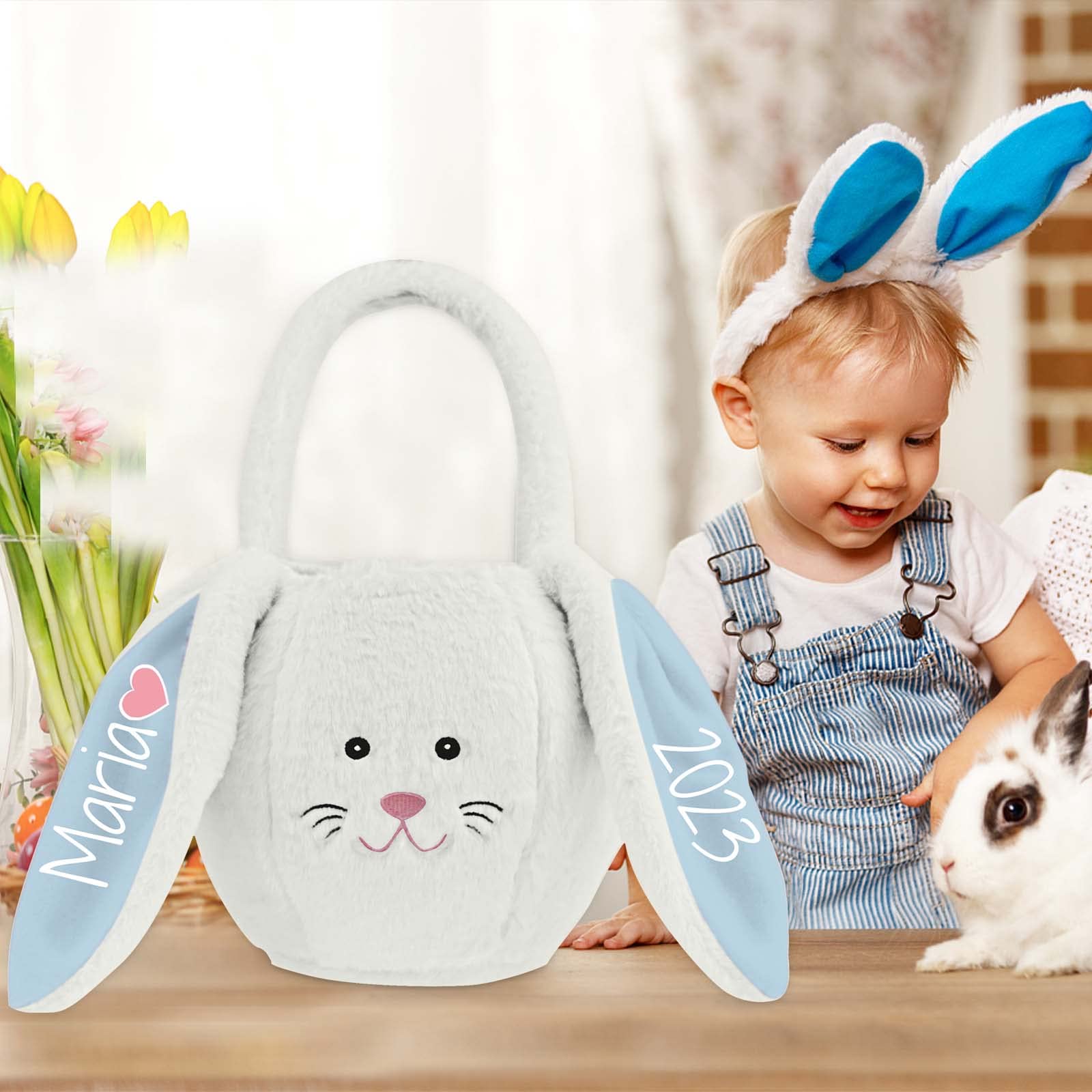 Personalized Bunny Easter Basket with Name - Custom Plush Easter Gift Basket with Handle for Kids, Girls, Baby & Toddler - Fluffy Pink Egg Bag for Easter Egg Hunt, Party Favors & Spring Celebrations